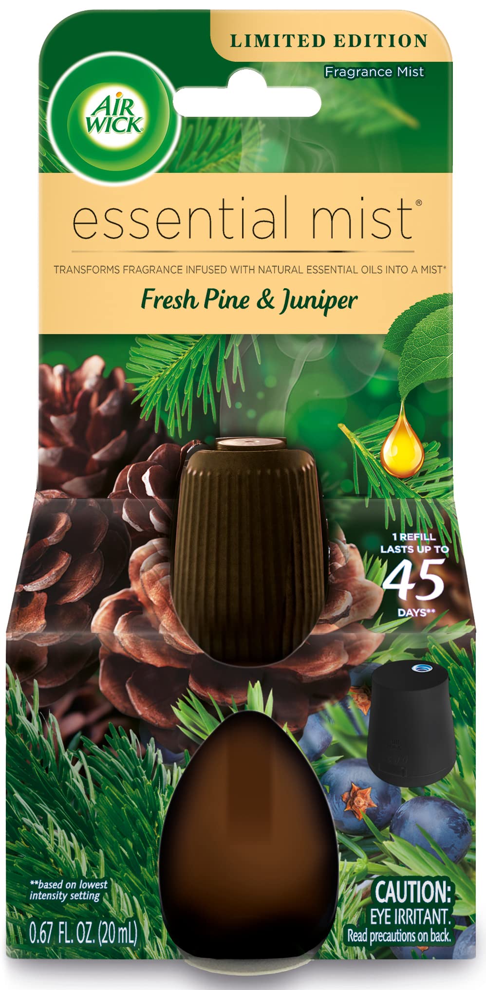 Air Wick Essential Mist Refill, 1 ct, Fresh Pine and Juniper, Essential Oils Diffuser, Air Freshener, Fall scent, Fall decor