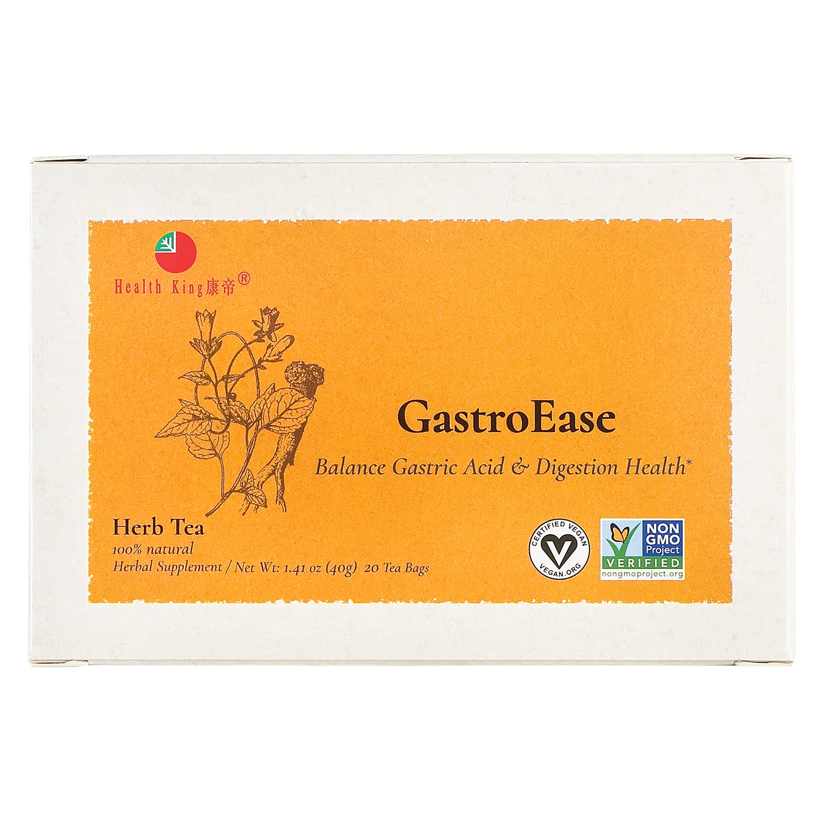 Health King GastroEase Herb Tea, Teabags, 20 Count Box