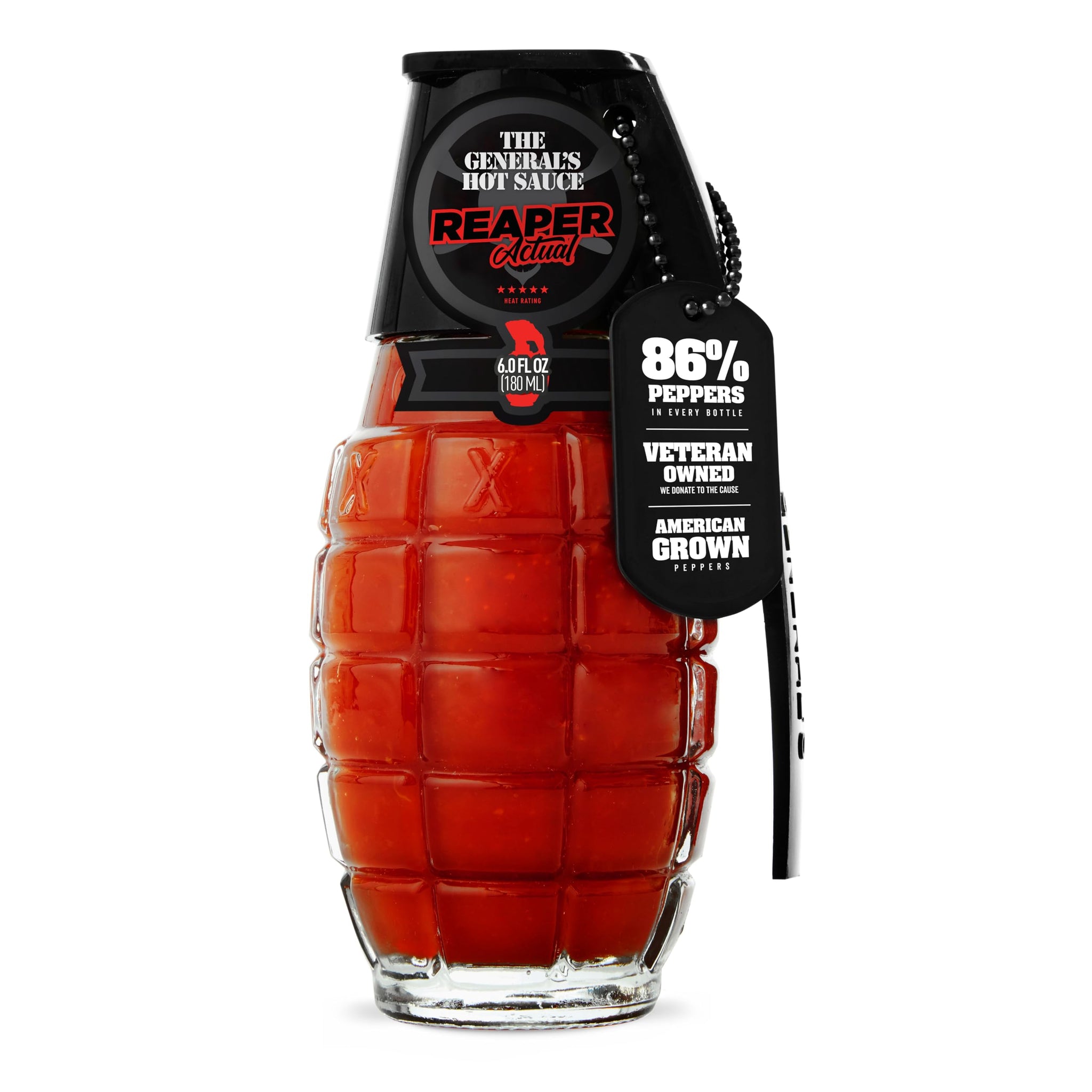 The General's Hot Sauce, Reaper Actual, 6 oz, Carolina Reaper, Cayenne, Chipotle Peppers, 5/5 Heat Rating, Natural Spicy Sauce for Wings, Ribs, BBQ