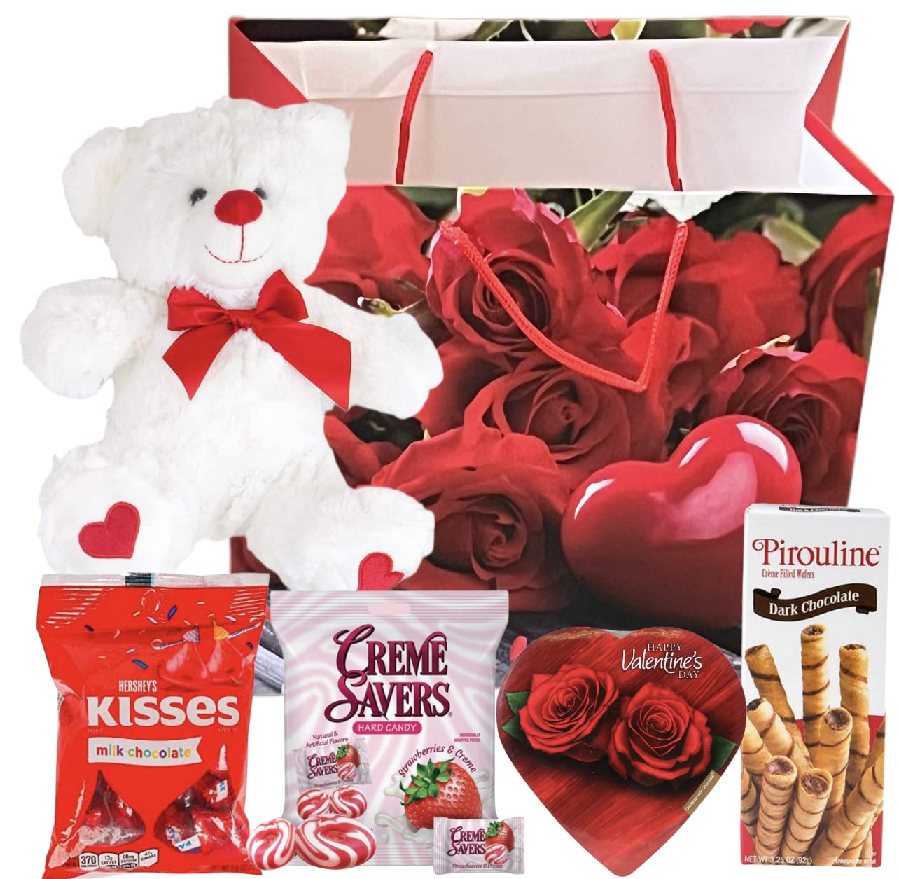 Valentines Day Gift Basket Set | Teddy Bear Plush (COLOR VARYS), Creme Savers Hard Candy, Individually Wrapped, Hershey Kisses Milk Chocolate, Heart
