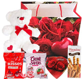 Valentines Day Gift Basket Set | Teddy Bear Plush (COLOR VARYS), Creme Savers Hard Candy, Individually Wrapped, Hershey Kisses Milk Chocolate, Heart