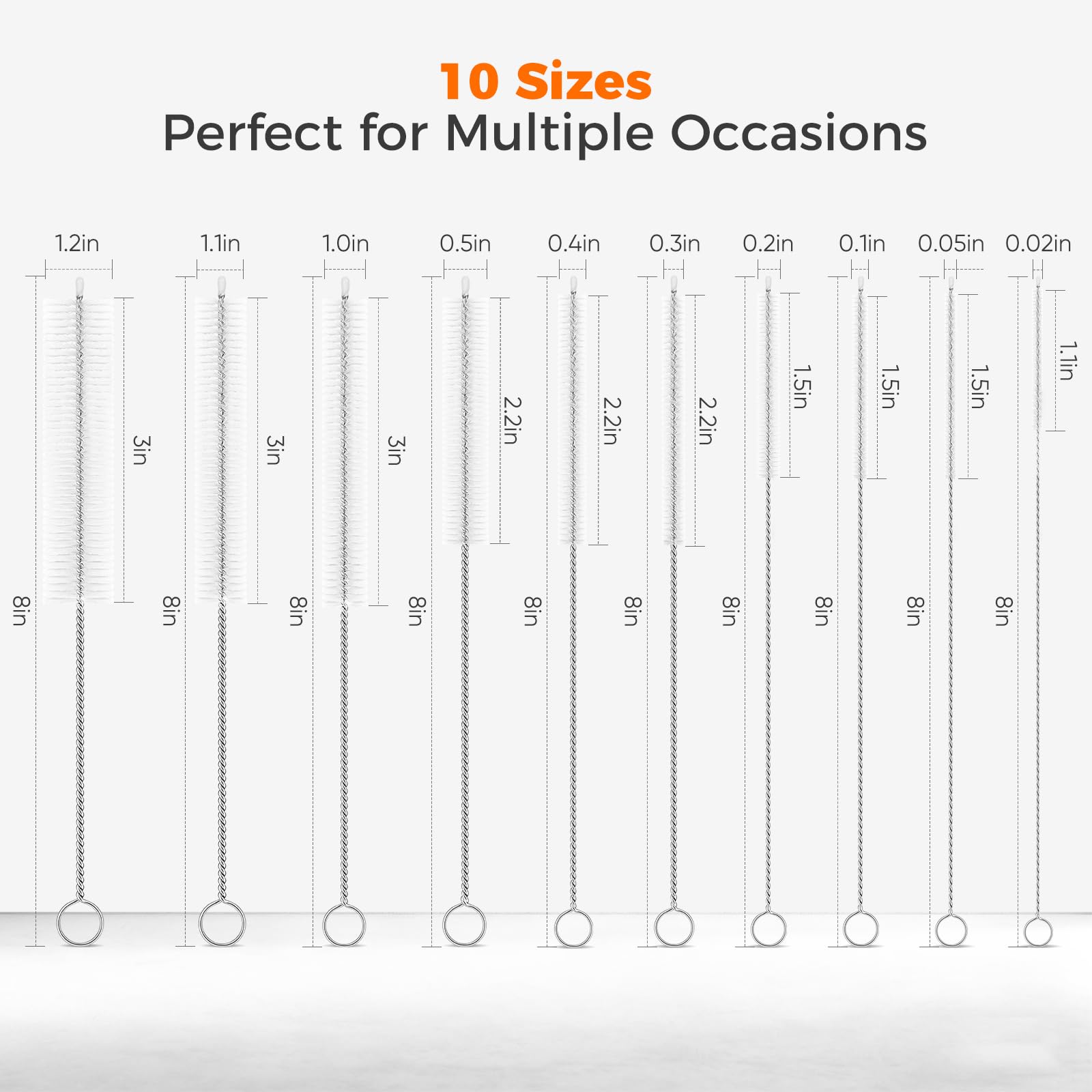Iwooduubb 10-Packs Premium Straw Cleaner Brush in Mixed Sizes, 8IN Long Reusable Stainless Steel Cleaning Brushes Set with Soft Sturdy Nylon Bristles