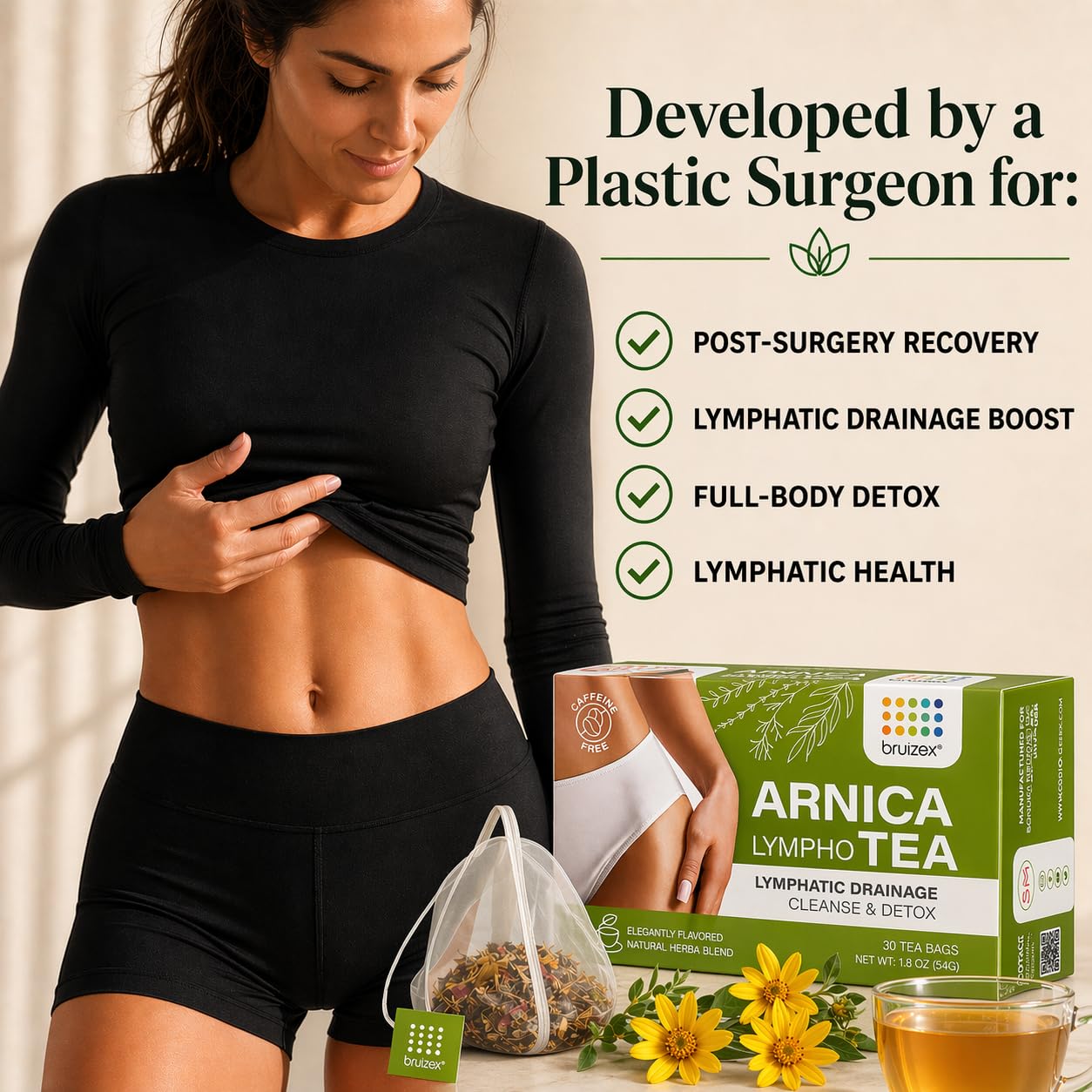 Bruizex Arnica Tea for Bruising and Swelling, Post Surgery Recovery after Liposuction, Tummy Tuck, 360 Lipo, BBL I Blend For Lymphatic Drainage