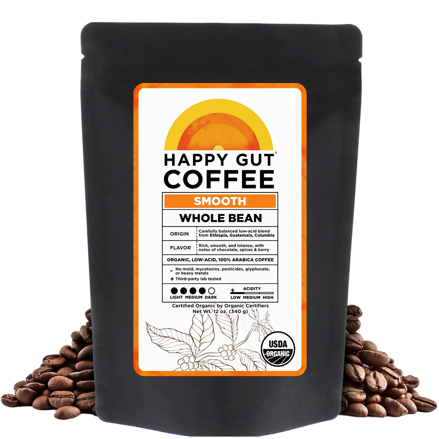 Happy Gut Coffee - Doctor-Formulated, Organic Medium-to-Dark Roast Coffee - Gut-Friendly - Gentle on Stomach - Rich Flavor, Gluten-Free, No Bitterness