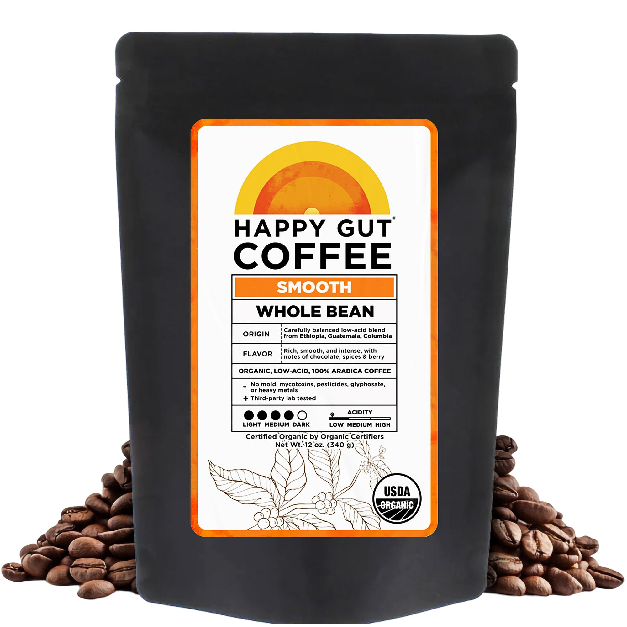 Happy Gut Coffee - Doctor-Formulated, Organic Medium-to-Dark Roast Coffee - Gut-Friendly - Gentle on Stomach - Rich Flavor, Gluten-Free, No Bitterness