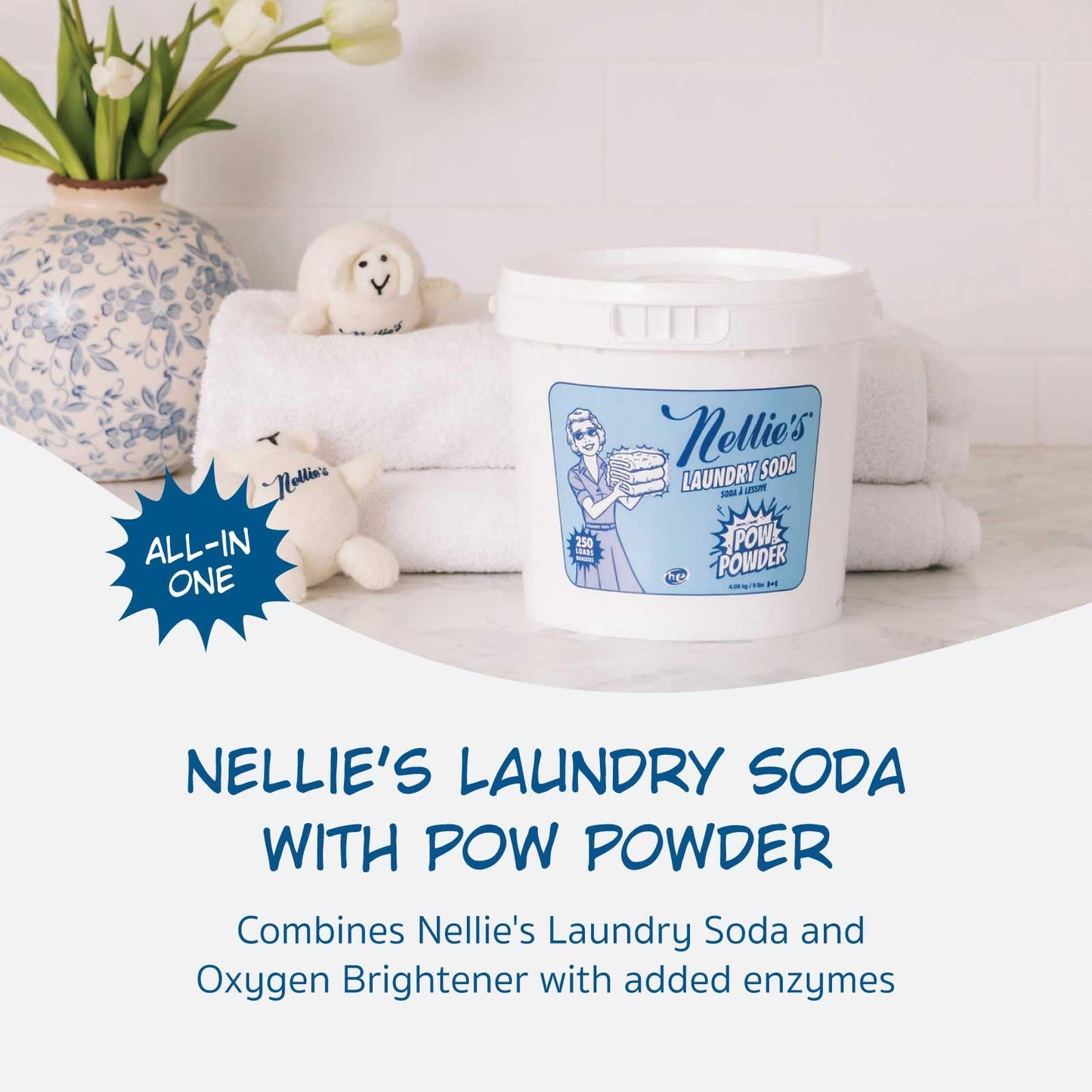 Nellie's Laundry Soda with POW Powder - 250 Loads - Environmentally Conscious Laundry Detergent with Stain-Fighting Active Enzymes - High-Efficiency