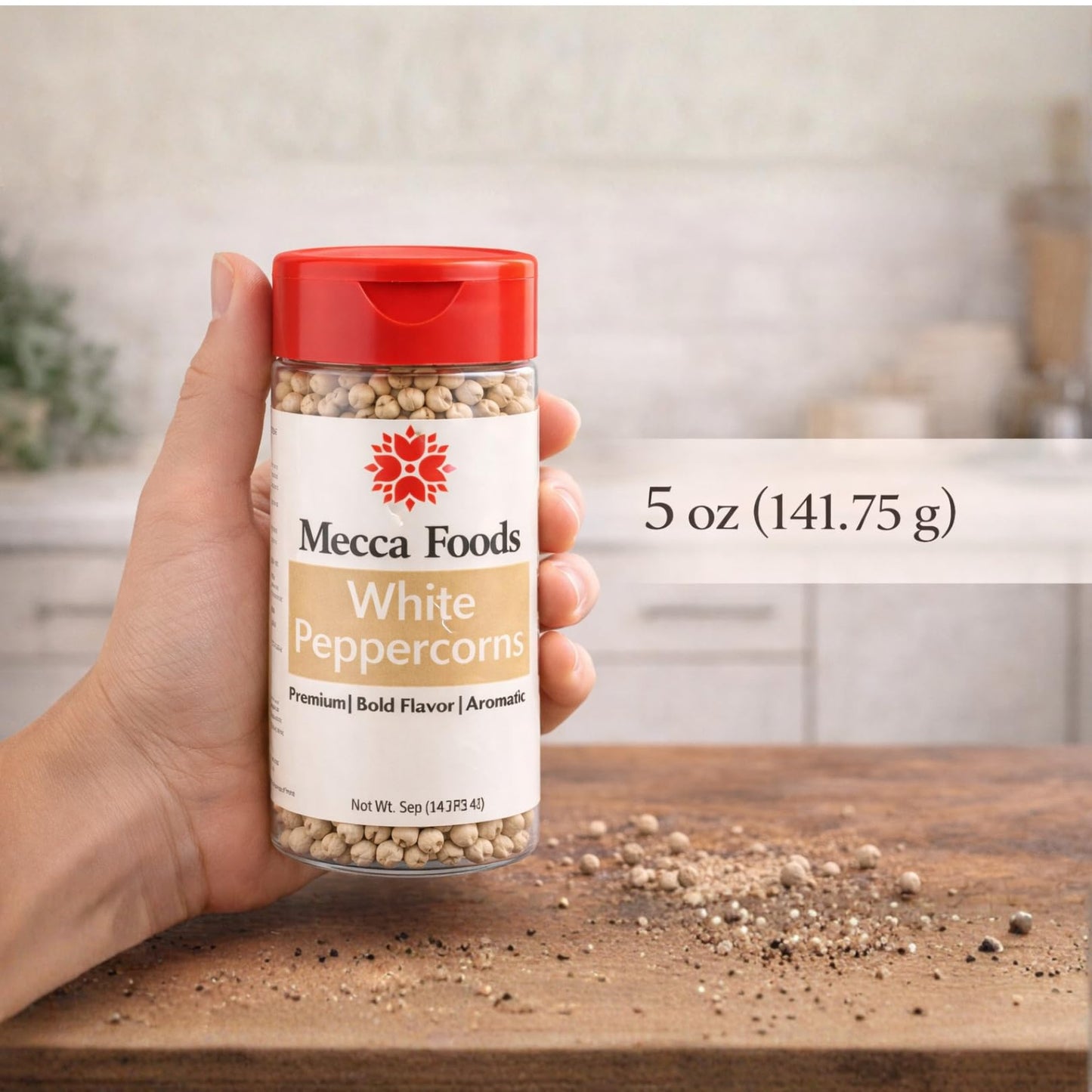 Mecca Foods Premium Whole White Peppercorns 5 oz - Gourmet White Pepper for Cooking, Seasoning & Marinades - Fresh Aroma in PET Jar