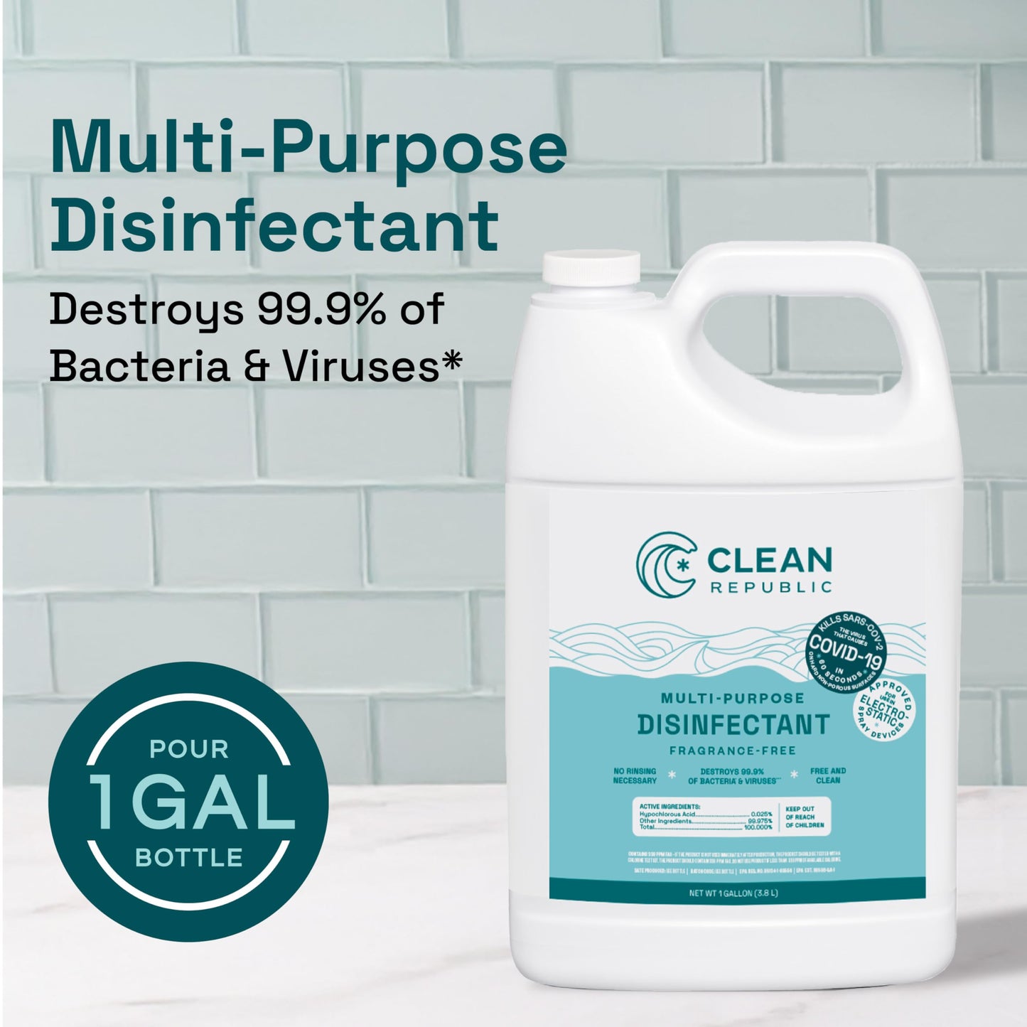 Clean Republic Multi-Purpose Disinfectant, Hypochlorous Acid Cleaner, 1 Gallon Bottle