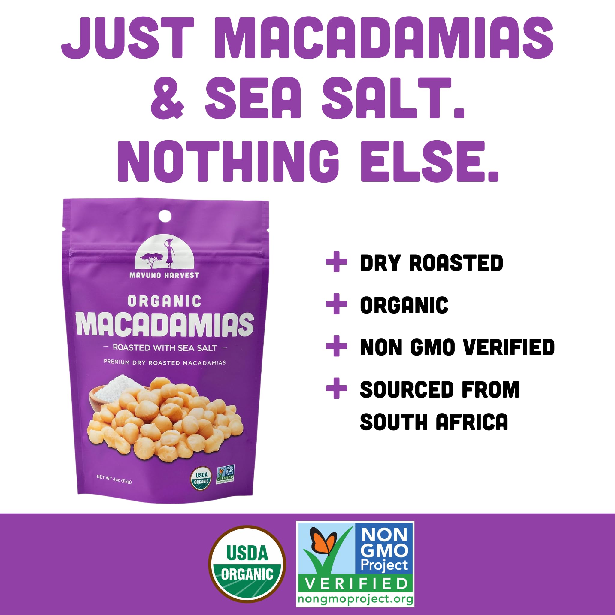 Mavuno Harvest Organic Roasted Macadamia Nuts with Sea Salt | Dry Roasted Whole Macadamia Nuts | Vegan, Non GMO Healthy Snacks for Kids and Adults |