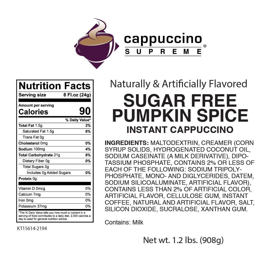 Cappuccino Supreme 1.2 lb bag Sugar Free Pumpkin Spice Instant Cappuccino Mix