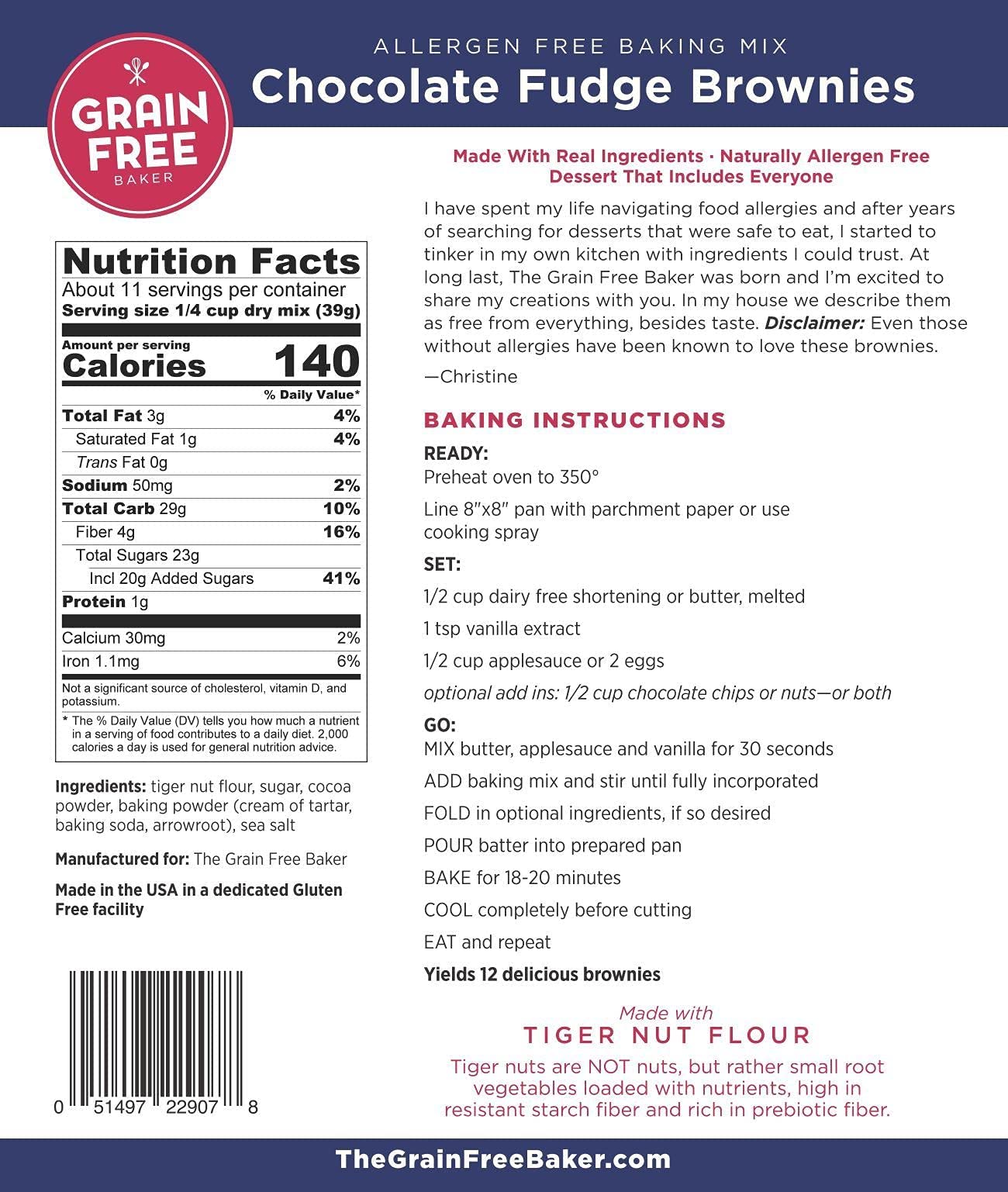 Gluten Free Fudge Brownie Baking Mix by The Grain Free Baker- Vegan & Gluten Free - Low Carb - Top 8 allergen free - Healthy and Natural Ingredients - 13 Oz