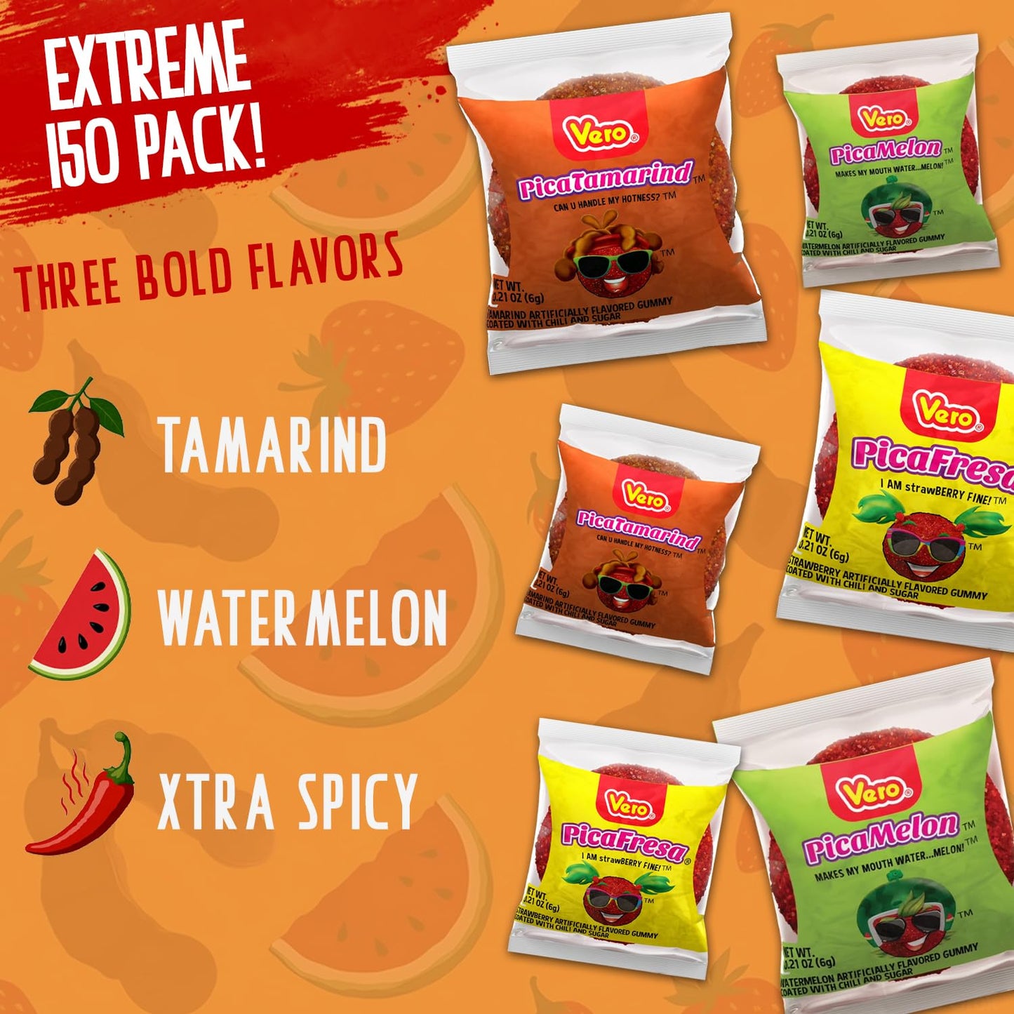 Vero Pica Goma Mexican Candy Variety Pack - 150 Count Assorted Mix - PicaFresa Strawberry, PicaTamarind Tamarind & PicaMelon Watermelon Flavors