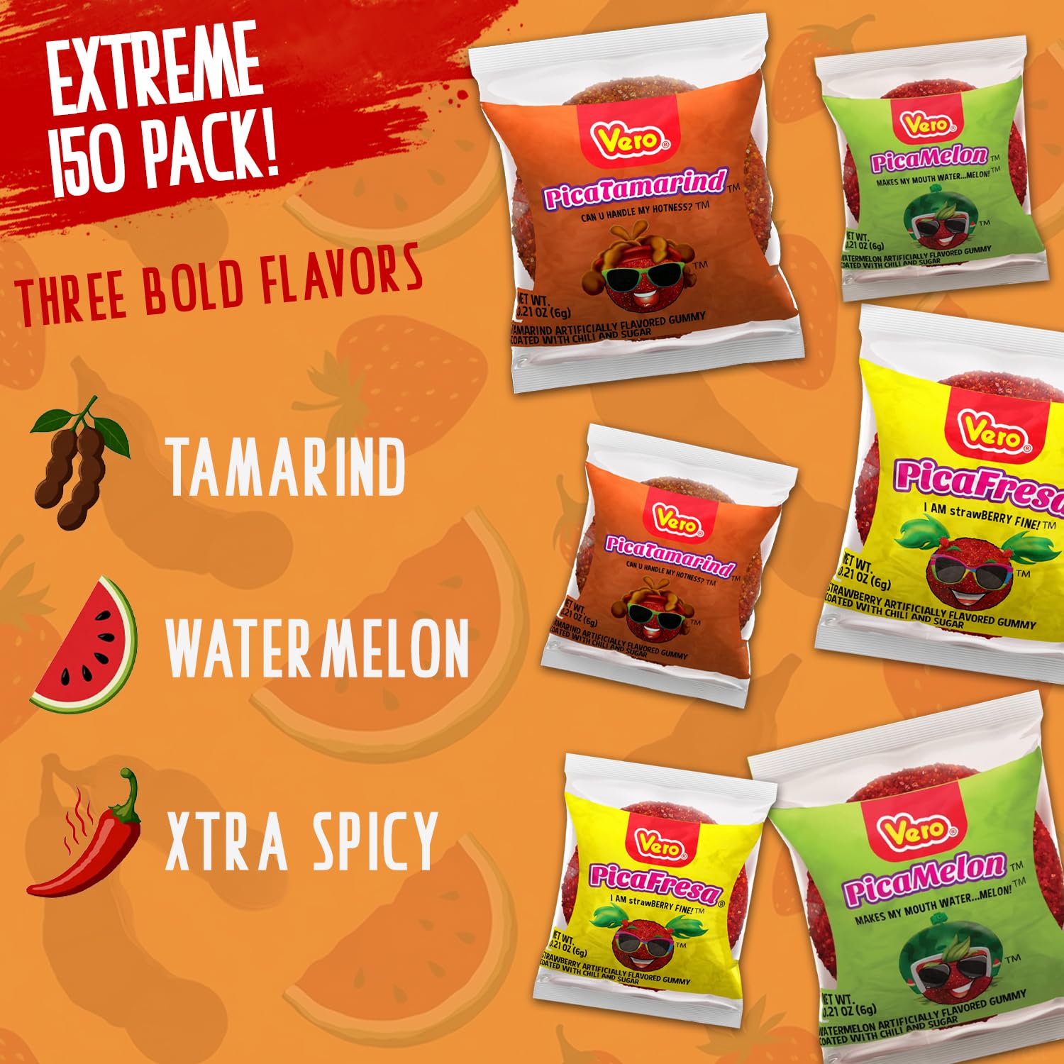 Vero Pica Goma Mexican Candy Variety Pack - 150 Count Assorted Mix - PicaFresa Strawberry, PicaTamarind Tamarind & PicaMelon Watermelon Flavors
