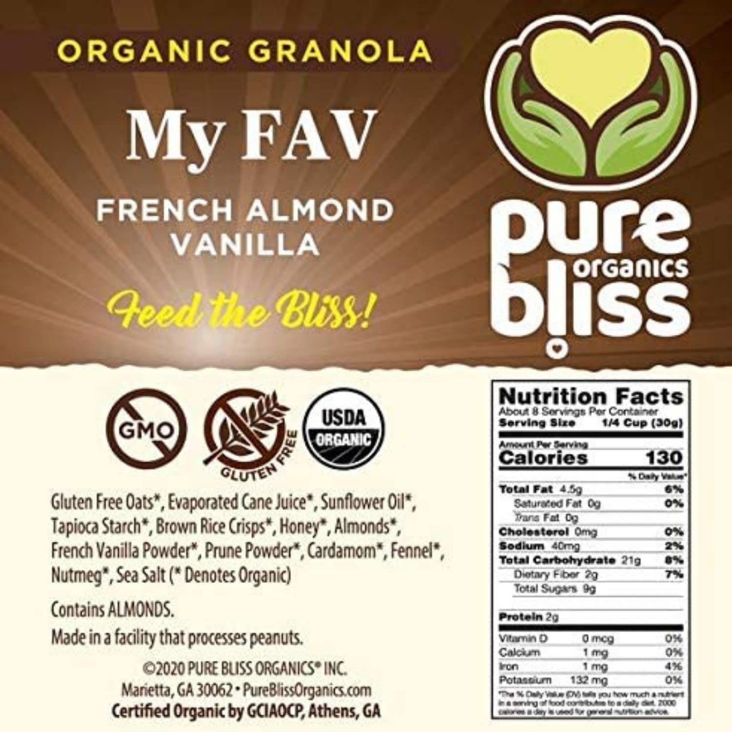 Pure Bliss Organic My FAV Granola (French Vanilla Almond) Certified Organic and Gluten Free, Non-GMO, Great Tasting Natural Healthy Snack, Small Batch