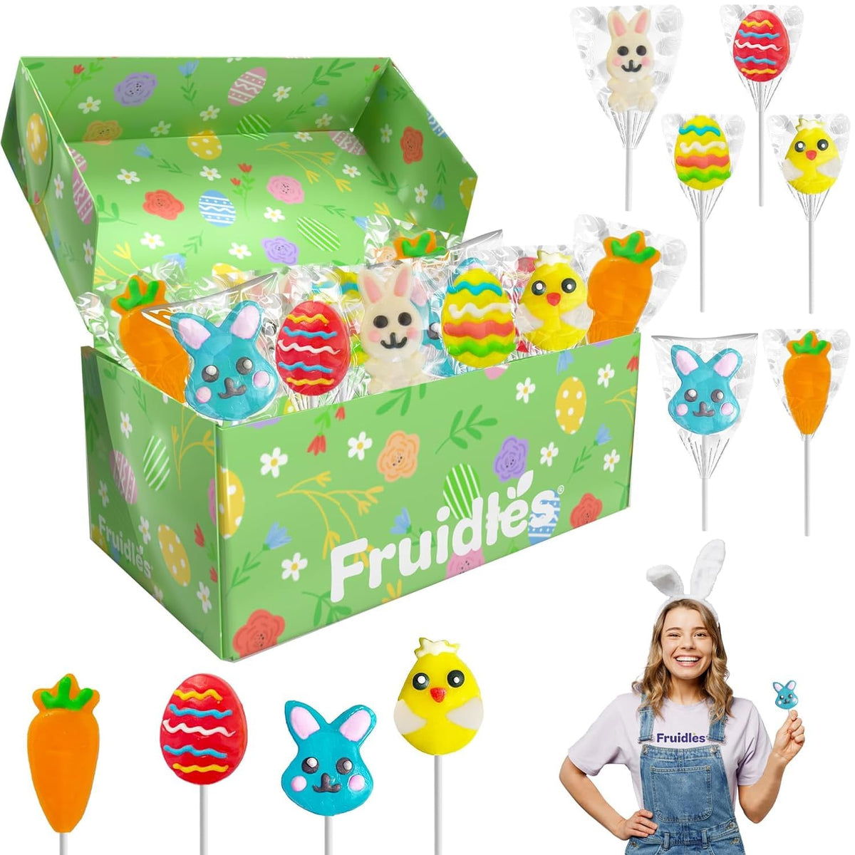 Happy Easter Variety Pack Lollipops Suckers, Colorful Easter Eggs, Yellow Bunny Rabbit, Orange Carrot Designs Fat-Free, Individually Wrapped Easter