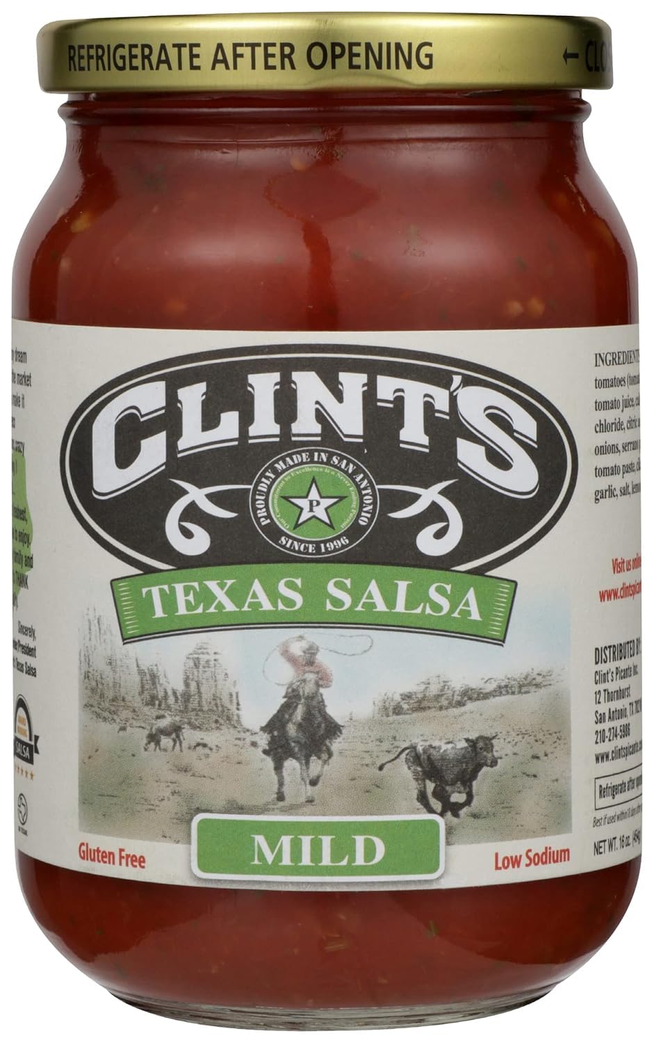 Clint’s Texas Salsa, Mild, 16 Ounce - Fresh Chunky Tomato Salsa, Low Sodium & Gluten Free, Authentic Texas Style Dip for Chips, Tacos, Nachos