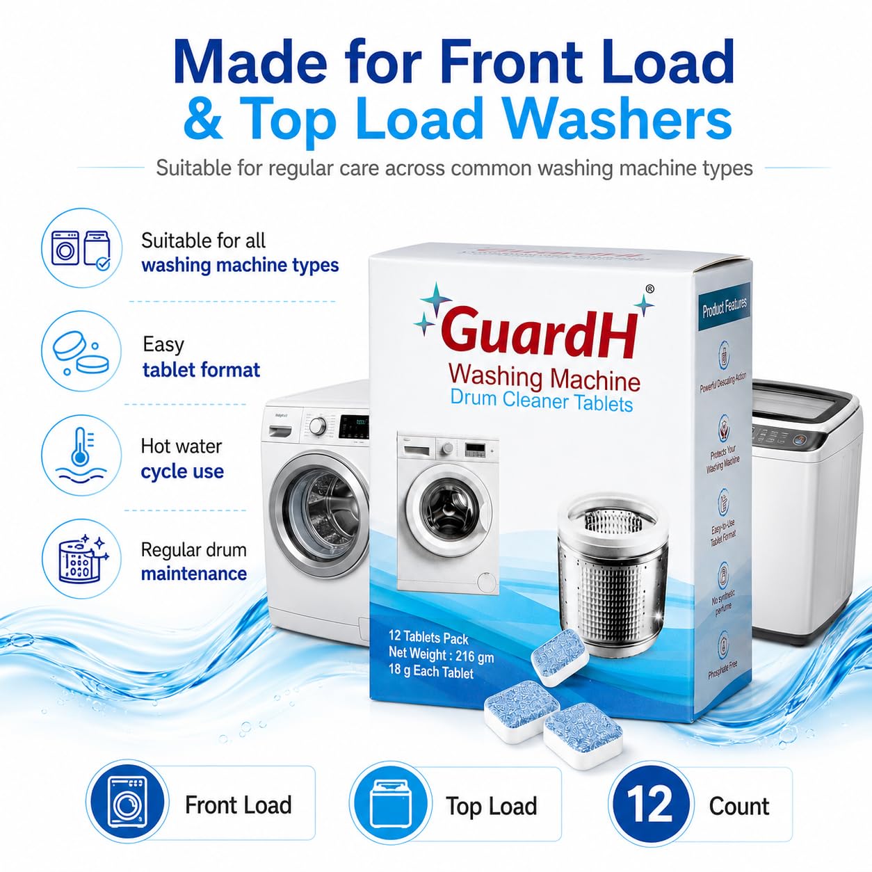 GuardH Washing Machine Drum Cleaner Tablets 12 Count 216g Deep Cleaning and Descaling Tablets for HE and Standard Washers Removes Residue Odor