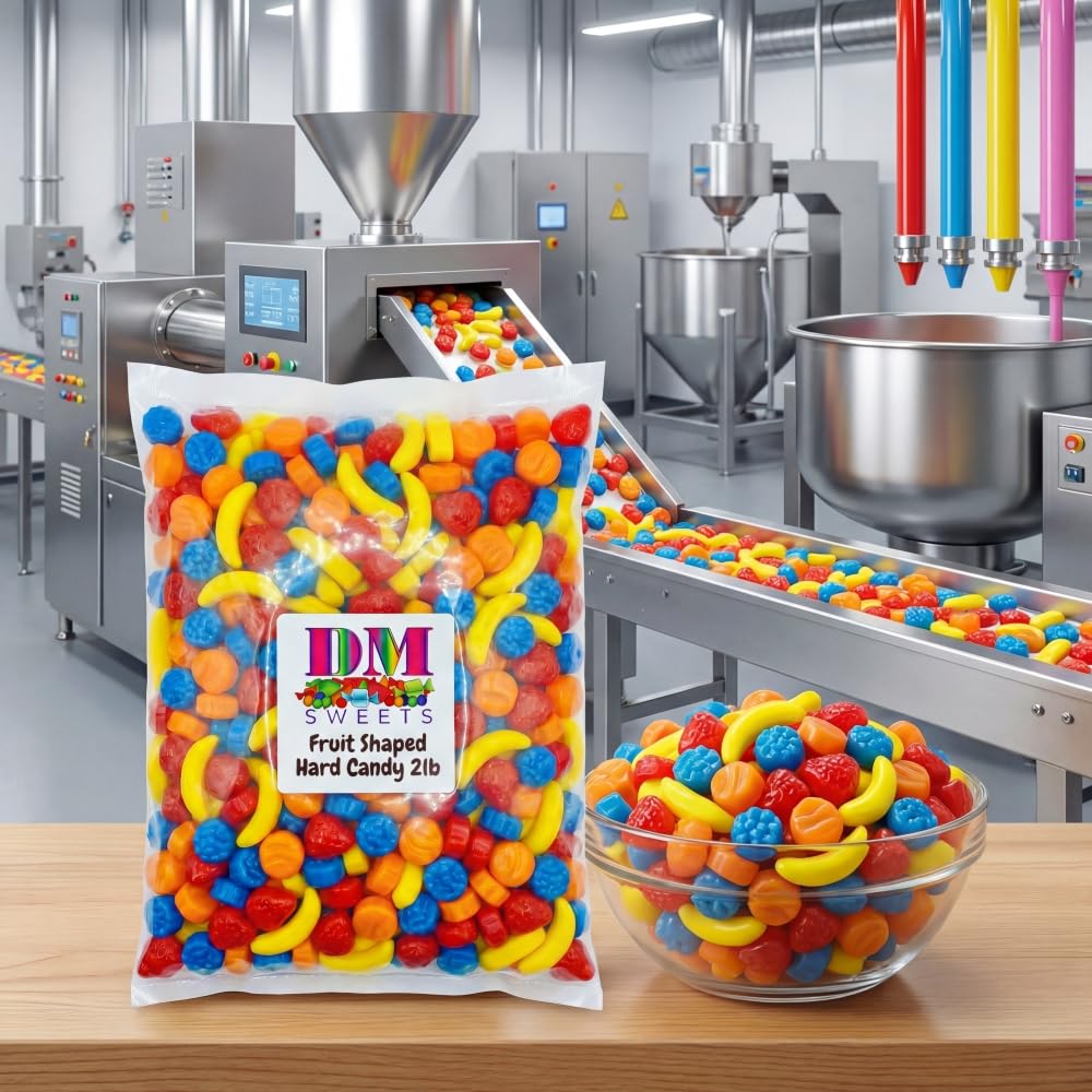 Fruit Shaped Hard Crunchy Candy - 1 lb Bulk Bag Banana Strawberry Peach Blueberry Assorted Chewy Sweet Mix. Great for Vending Machines