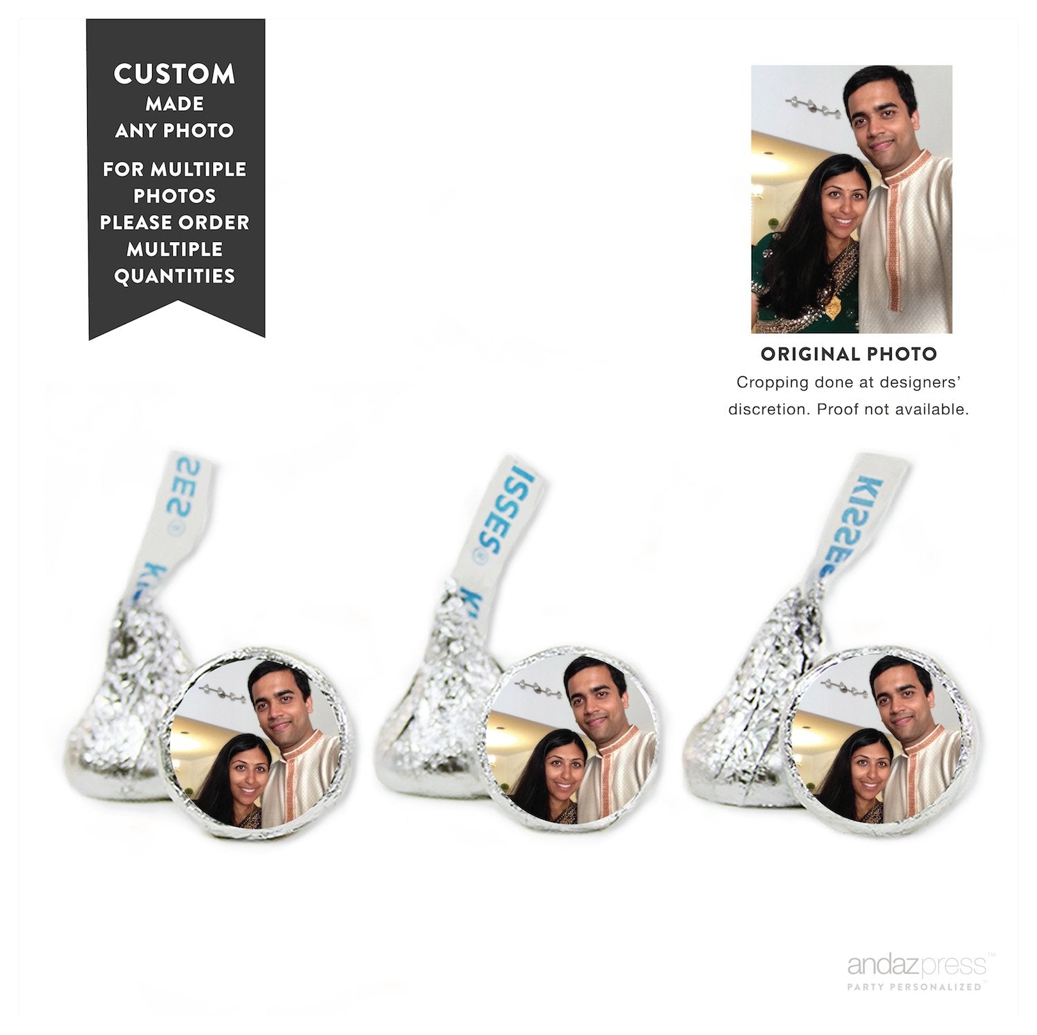 Andaz Press Photo Personalized Chocolate Drop Labels, Fits Kisses, Wedding Just Married, 216-Pack - Custom Made Any Image