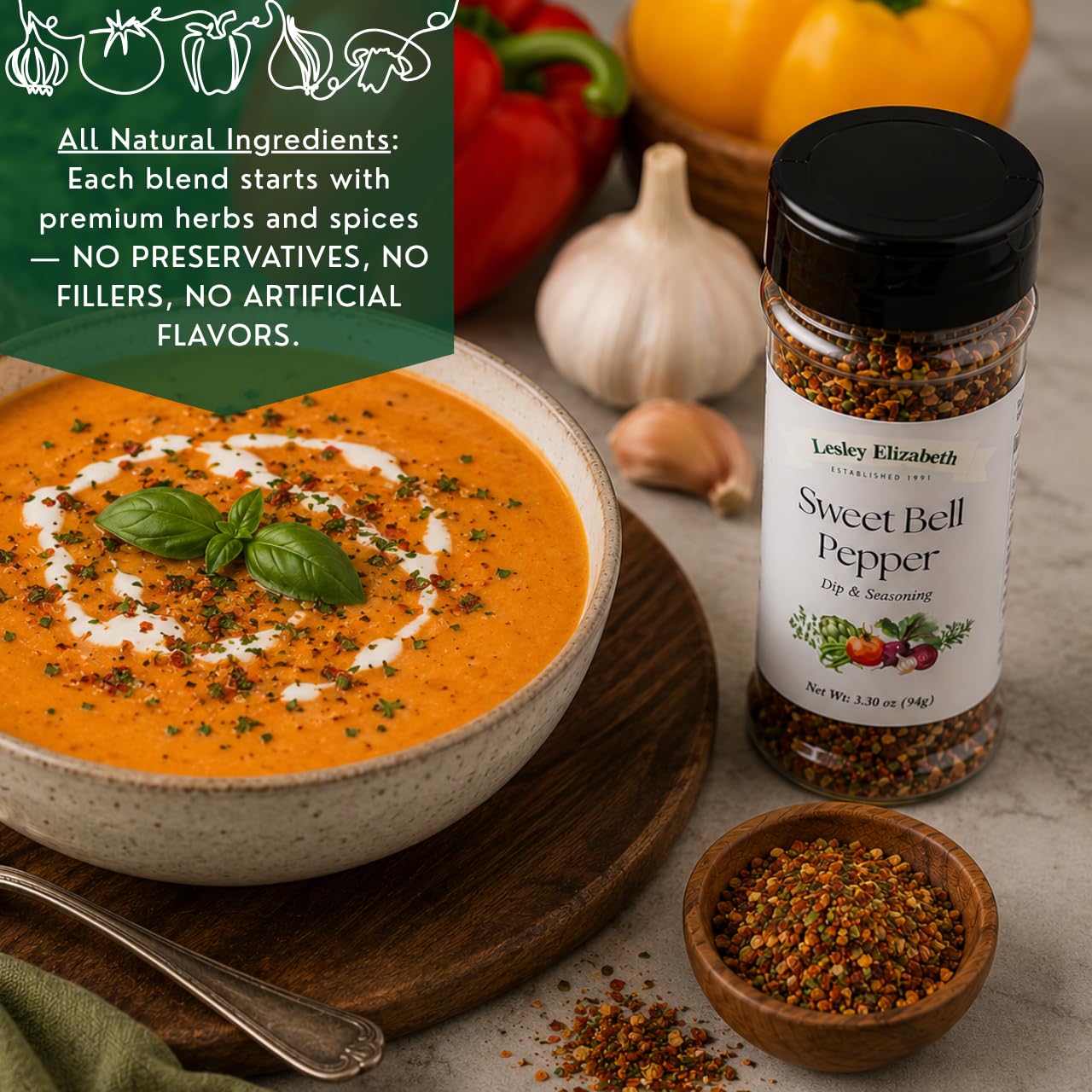Lesley Elizabeth Sweet Bell Pepper Seasoning - All-Purpose Dip & Herb Blend | Gourmet Pepper Spice for Chicken, Roasted Vegetables, Dips & Cooking