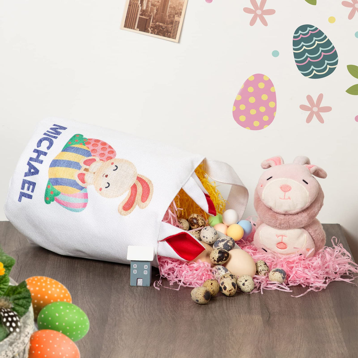 JewelOra Personalized Easter Bunny Basket Bags, Cotton Customized Name Candy Egg Basket Rabbit Print Buckets Cute Easter Basket Toys Bucket Tote Gift