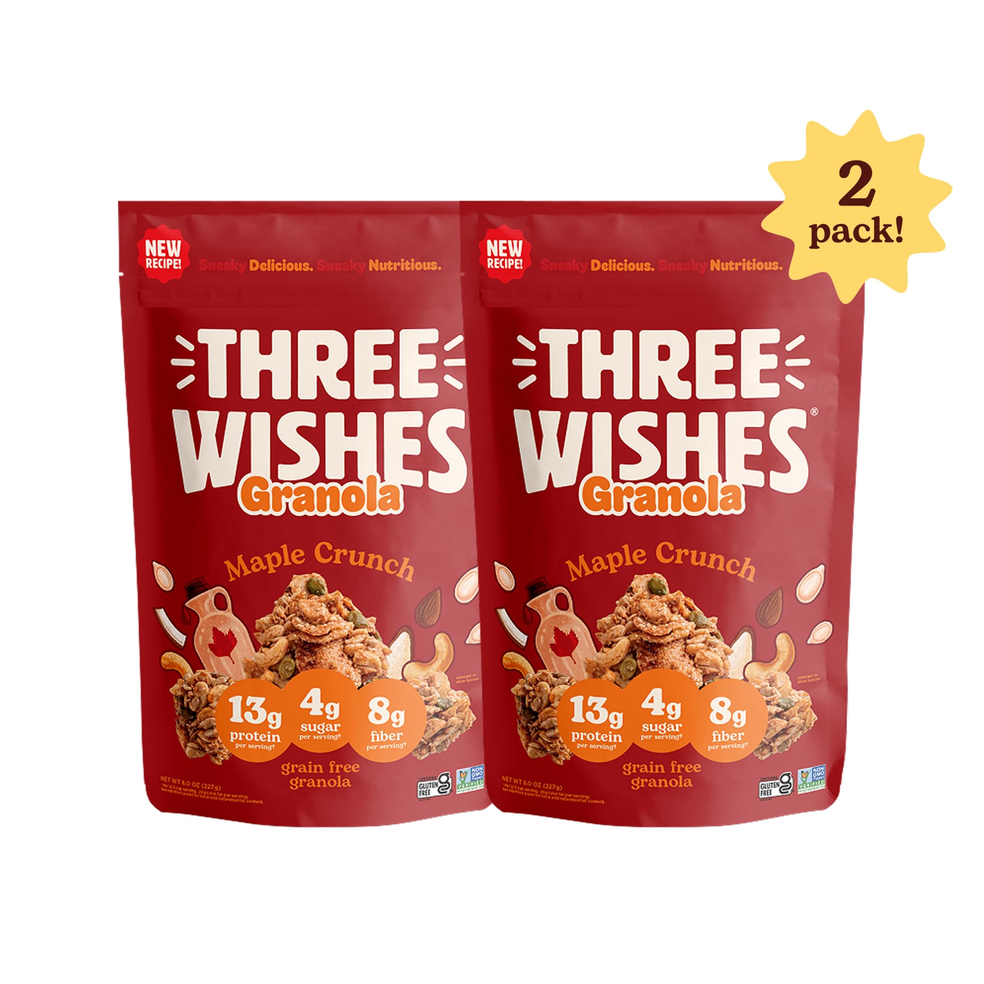 Three Wishes Granola - 13g of Protein & 4g of Sugar - Healthy Breakfast & On-the-Go Snack - Vegan, Kosher, & Grain-Free (8 Ounce Bags, Pack of 2)
