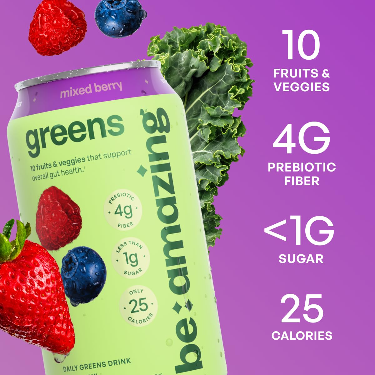 Be Amazing Greens Drink, Mixed Berry, Ready to Drink, 10 Organic Fruits & Vegetables, Coconut Water, Vitamin C, Prebiotic Fiber, 25 Calories, Low