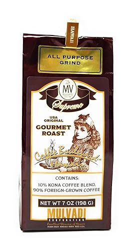 Mulvadi 10% Kona Coffee Blend, All Purpose Grind, 7 oz Resealable Bag with Aloha Hawaii Bag Clip - Medium Roast Hawaiian Coffee Blend