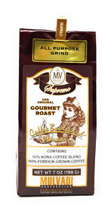 Mulvadi 10% Kona Coffee Blend, All Purpose Grind, 7 oz Resealable Bag with Aloha Hawaii Bag Clip - Medium Roast Hawaiian Coffee Blend