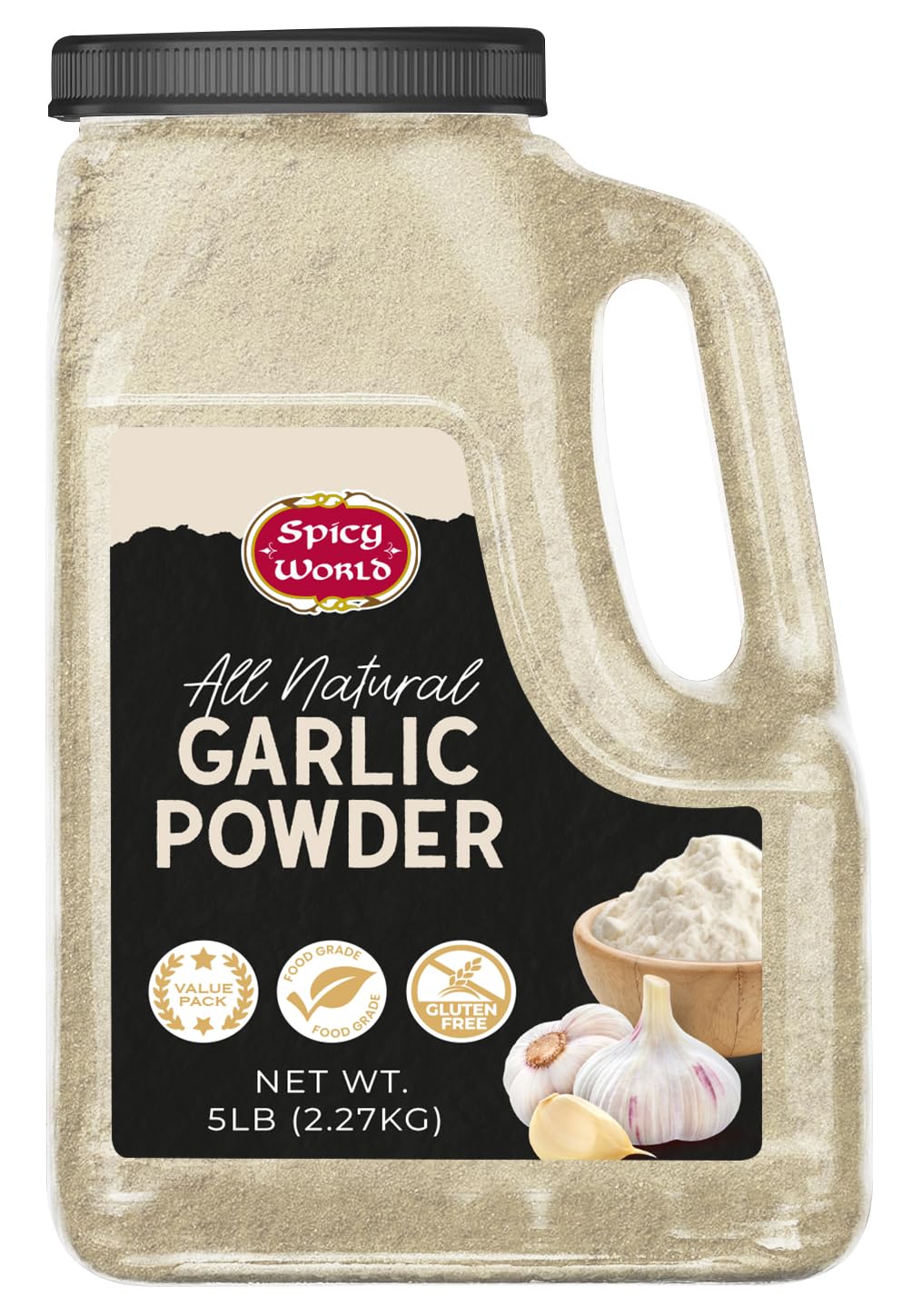 Spicy World Garlic Powder 5 LB Jar - Gluten Free, Bulk Ground Dehydrated Garlic, Non-GMO, Strong Flavor for Cooking, Seasoning, and Spice Blends