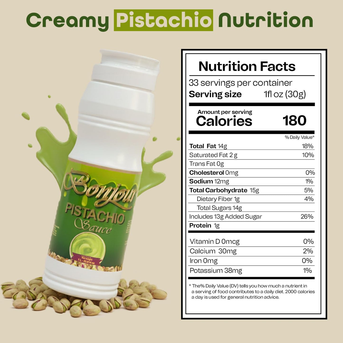 Bonjour Pistachio Cream Sauce - Adds Rich Nutty Flavor & Smooth Finish - Non-GMO Pistachio Sauce Spread & Paste with Butter for Sweet & Savory Dishes