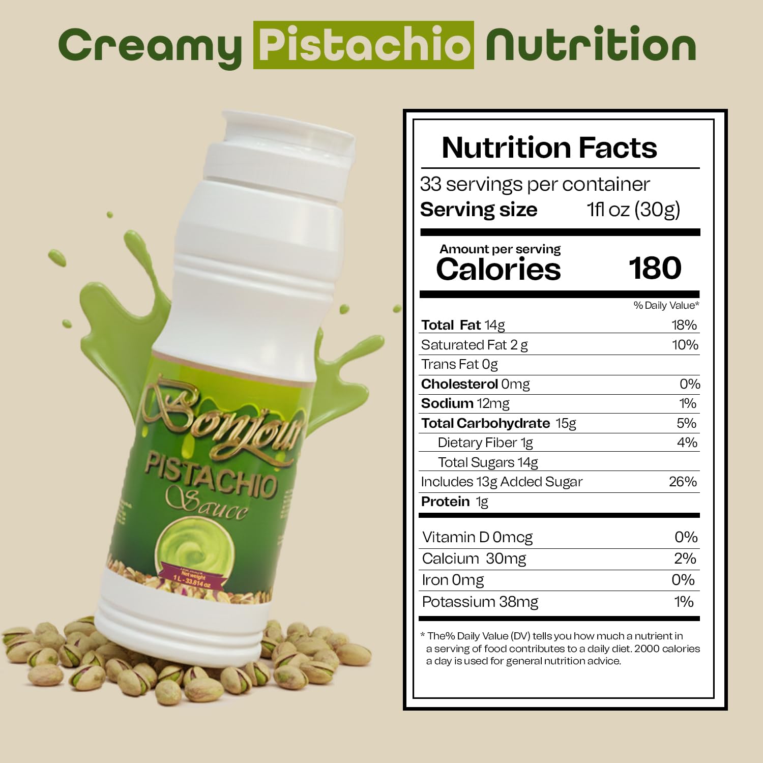 Bonjour Pistachio Cream Sauce - Adds Rich Nutty Flavor & Smooth Finish - Non-GMO Pistachio Sauce Spread & Paste with Butter for Sweet & Savory Dishes