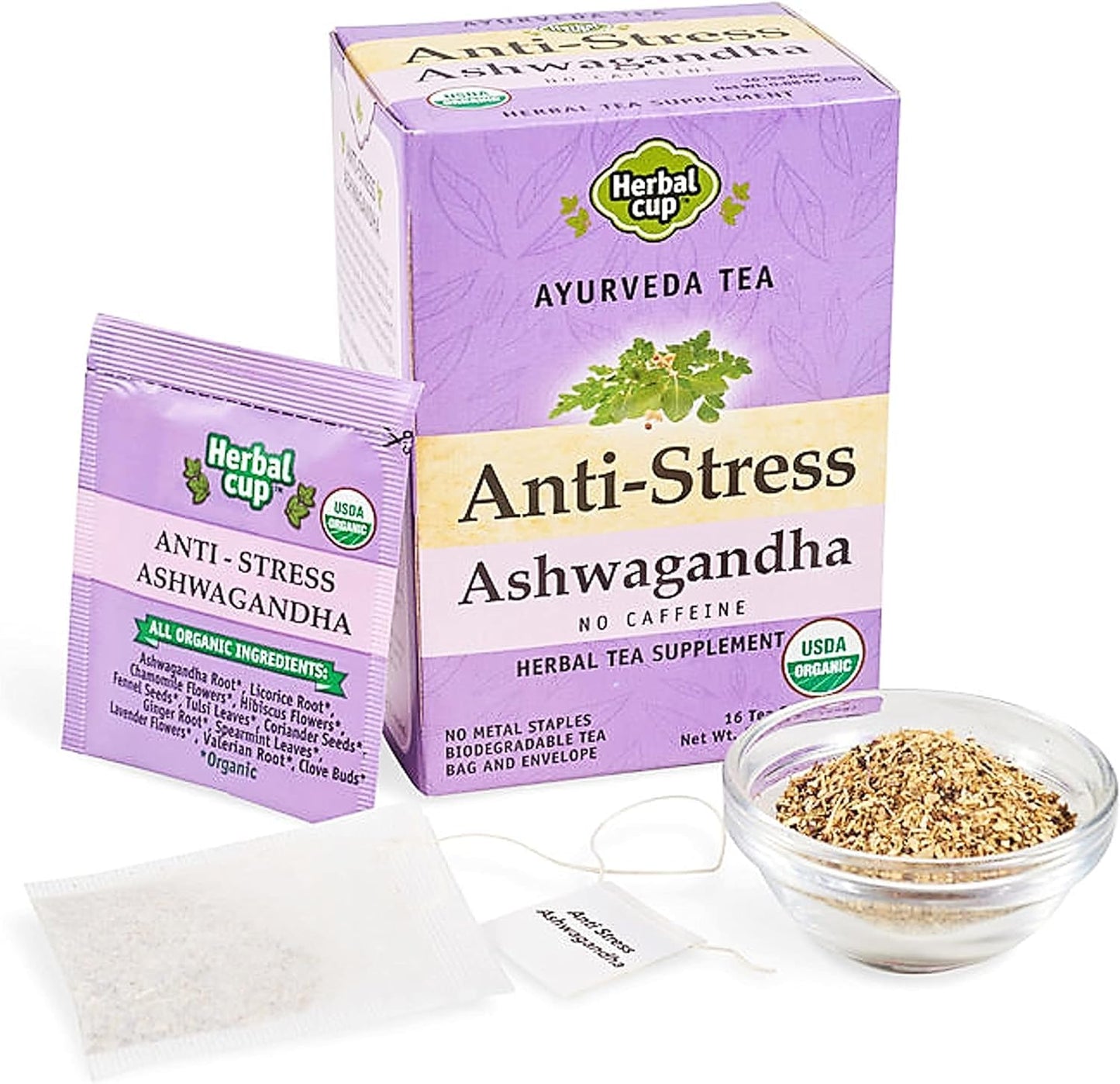 Herbal Cup Ayurveda Ashwagandha Tea, Organic Anti-Stress, No Caffeine Herbal Supplement (16 Count, Pack of 3)