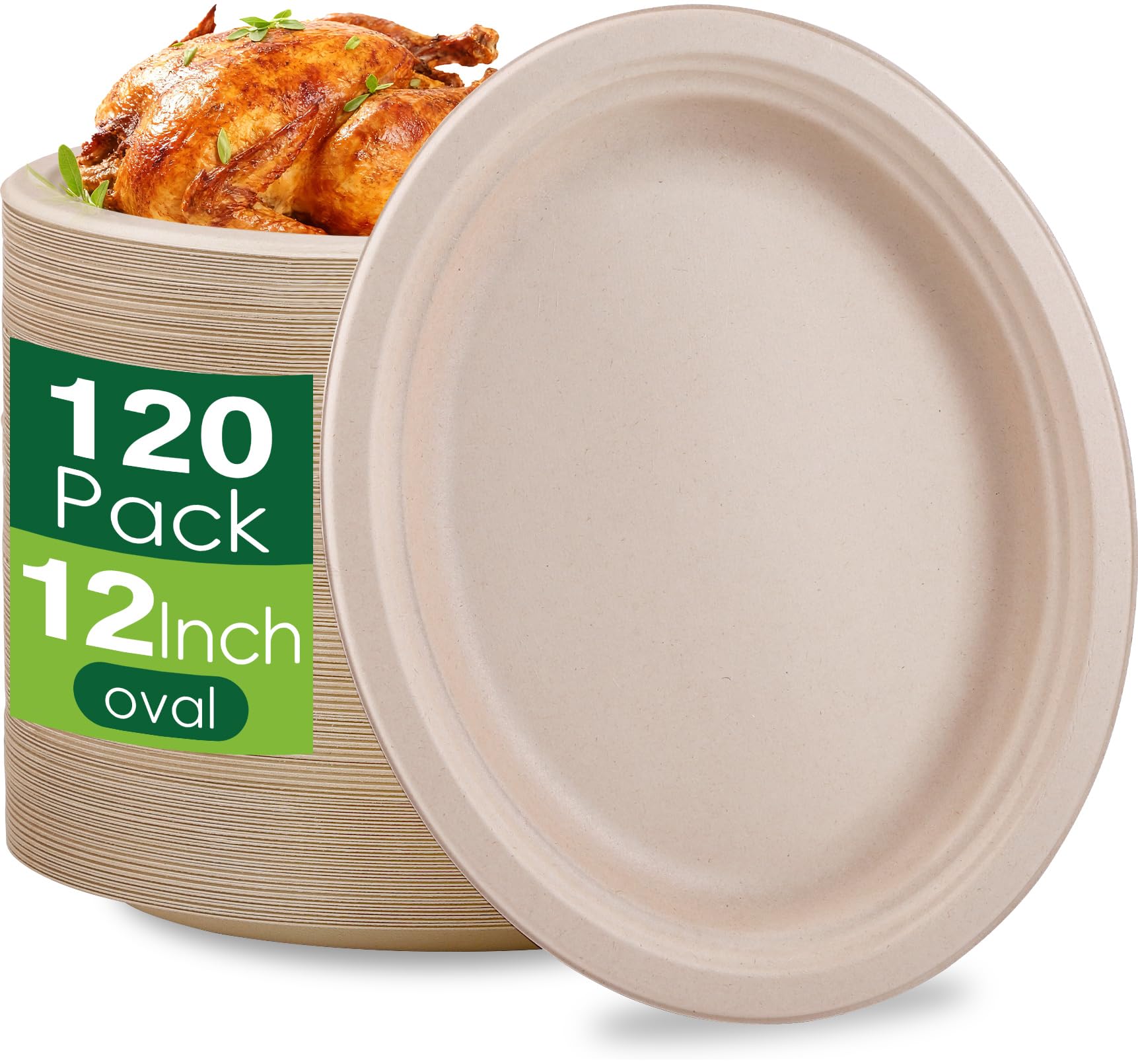 Gabotrie 120 Pack Oval Paper Plates, 100% Compostable Oval Plate, 12 inch Disposable Paper Plate Heavy Duty, Natural Unbleached Bagasse Eco-Friendly