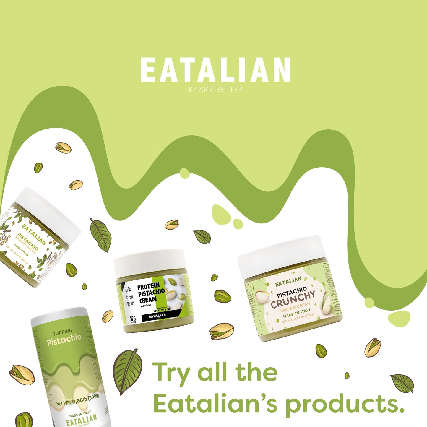 EATALIAN by AMZ BETTER Pistachio Flavoured Topping, Sweet Protein Cream in 10 oz/300g Squeezer, Made in Italy, Pistachio Sauce Ideal for Decorating