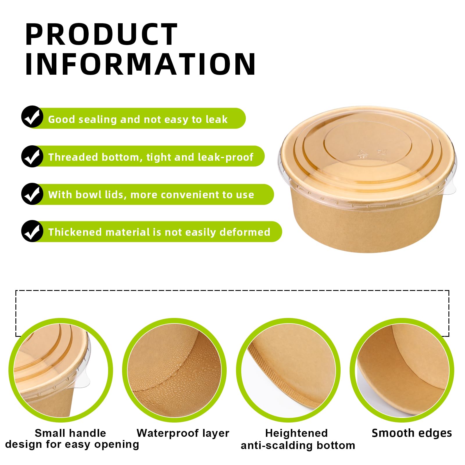 Fniiva 37 oz 25 Pack Disposable Bowls with Lids, Disposable Food Containers with Lids, Paper Bowls, Disposable Salad Bowls for Diet Salad, Ice Cream