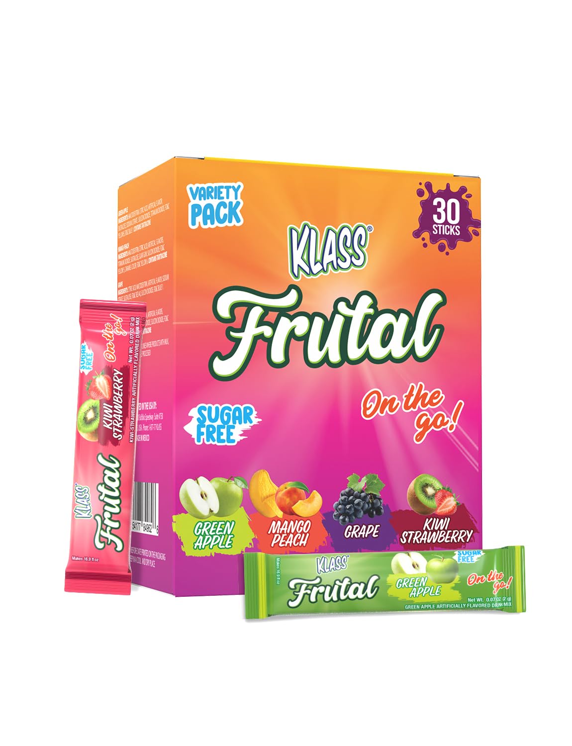 Arbol Frutal Powdered Drink Mix Variety Pack: Green Apple, Mango Peach, Grape, and Kiwi Strawberry (30 Stick Packs) - Frutal On-The-Go!