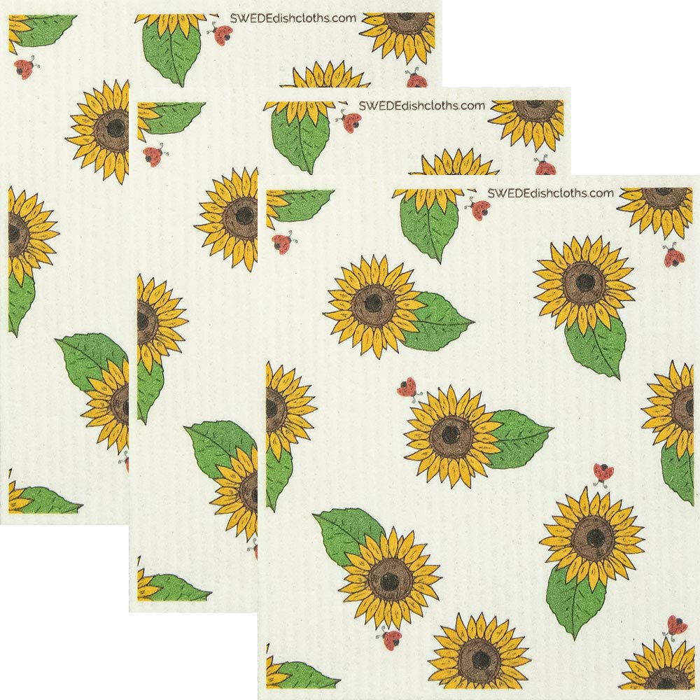 SWEDEdishcloths - Cellulose Sponge Dish Towels - Set of 3 Ladybug Sunflower Swedish Dish Cloths