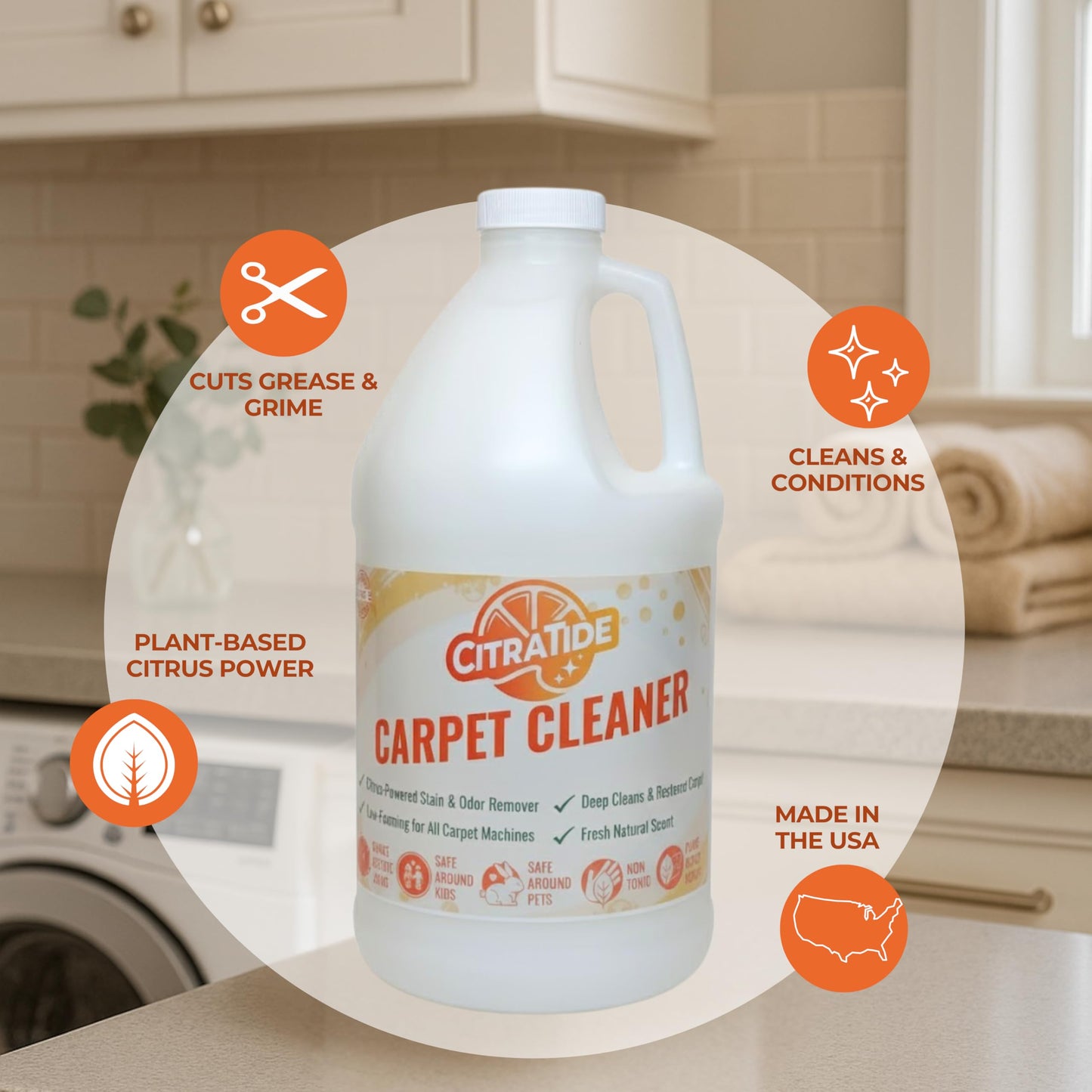 CITRATIDE Carpet Cleaner Concentrate + Free Scouring brush - USA Made Enzymatic Citrus Formula for Carpets, Rugs & Upholstery - Eco-Friendly Pet Safe