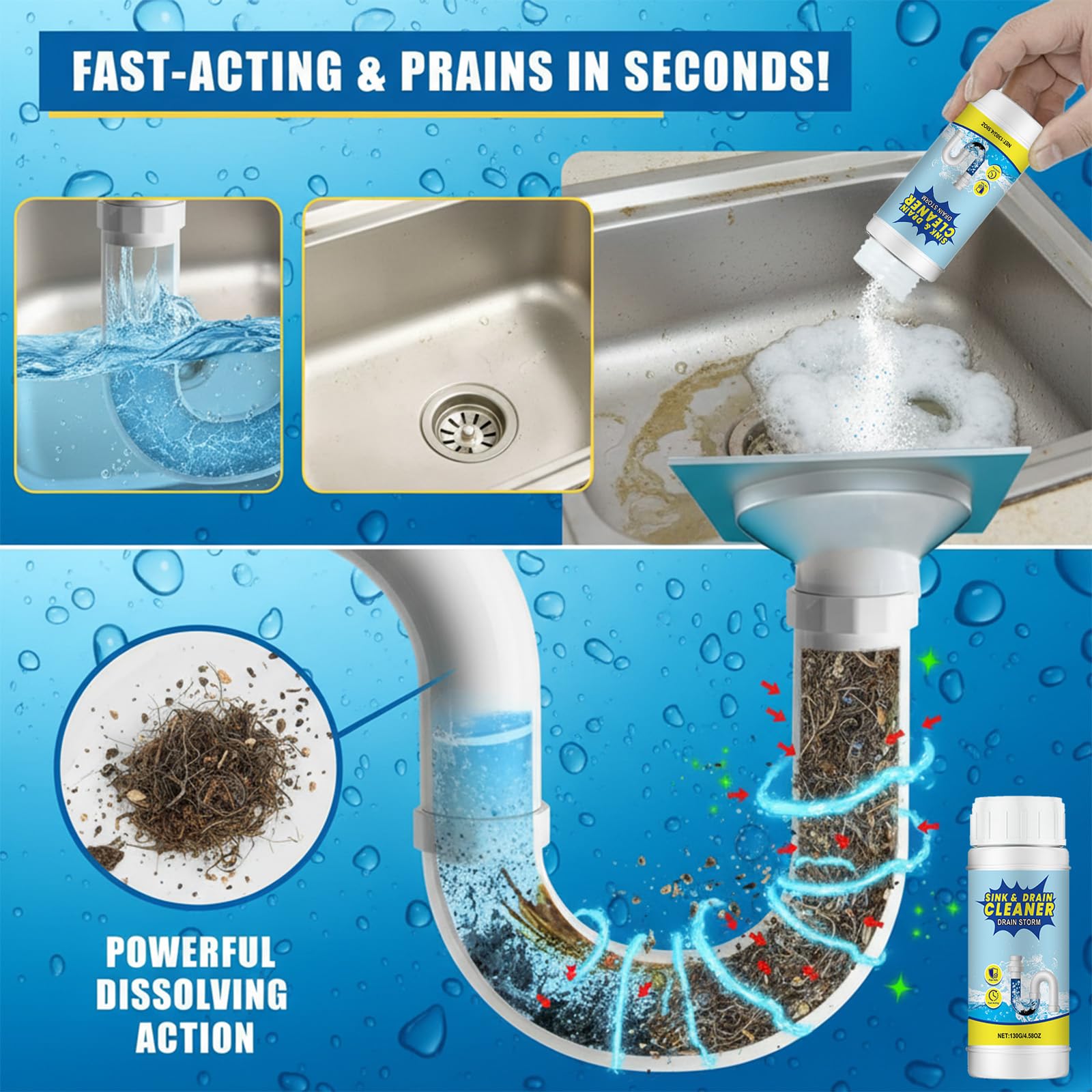 Foaming Drain Cleaner Powder - Fast Foaming Sink & Drain Cleaner for Kitchen, Bathroom & Toilet Pipes - Removes Hair, Grease, & Food Waste,Unclogging