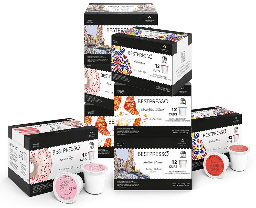 Bestpresso Coffee, Variety Pack Single Serve K-Cup Pods, 96 Count. Includes Breakfast, Colombian, Donut and Italian (Compatible With 2.0 Keurig