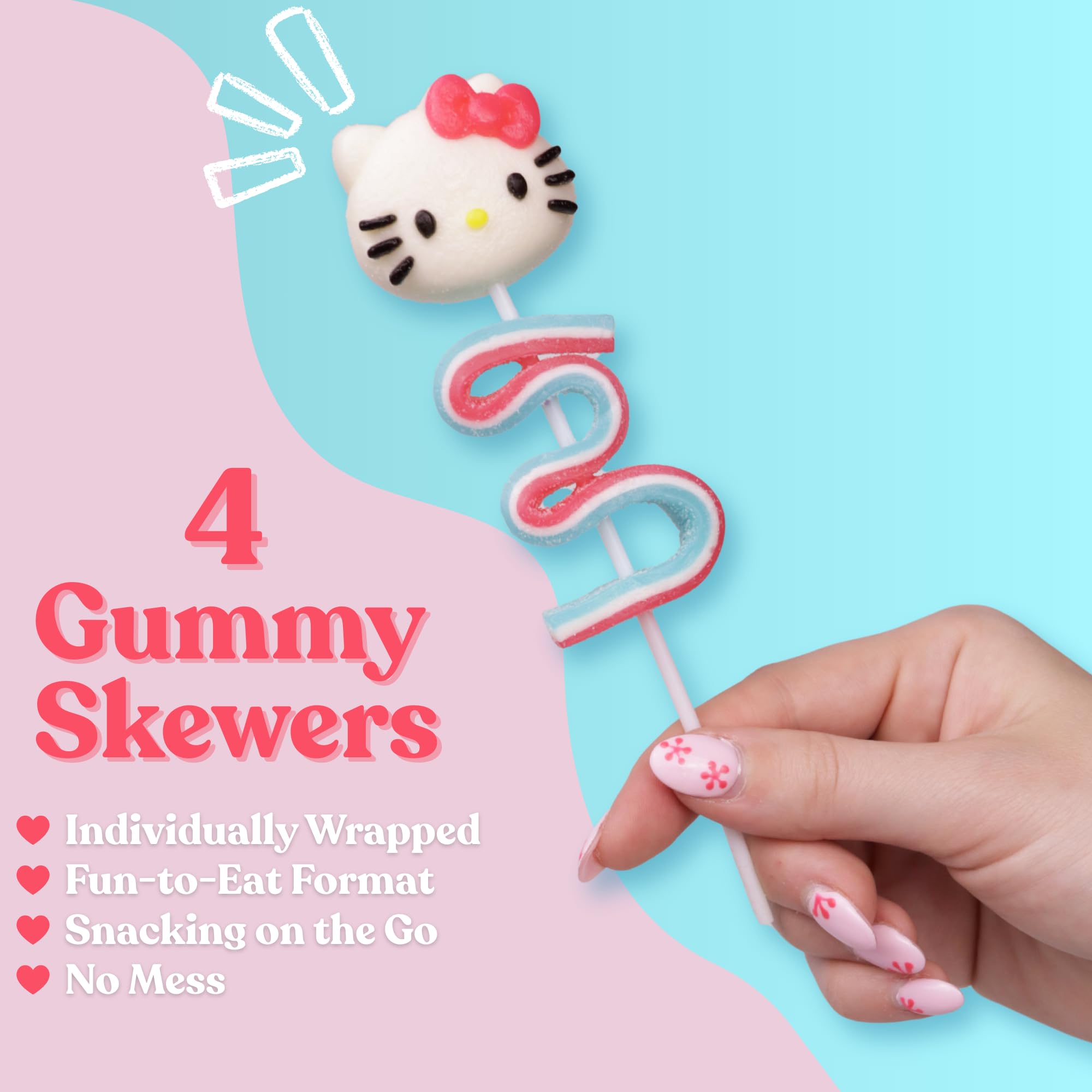 Hello Kitty Gummy Skewers, Character and Sour Belt Gummies, Individually Wrapped Candy Gifts, 4 Count Box