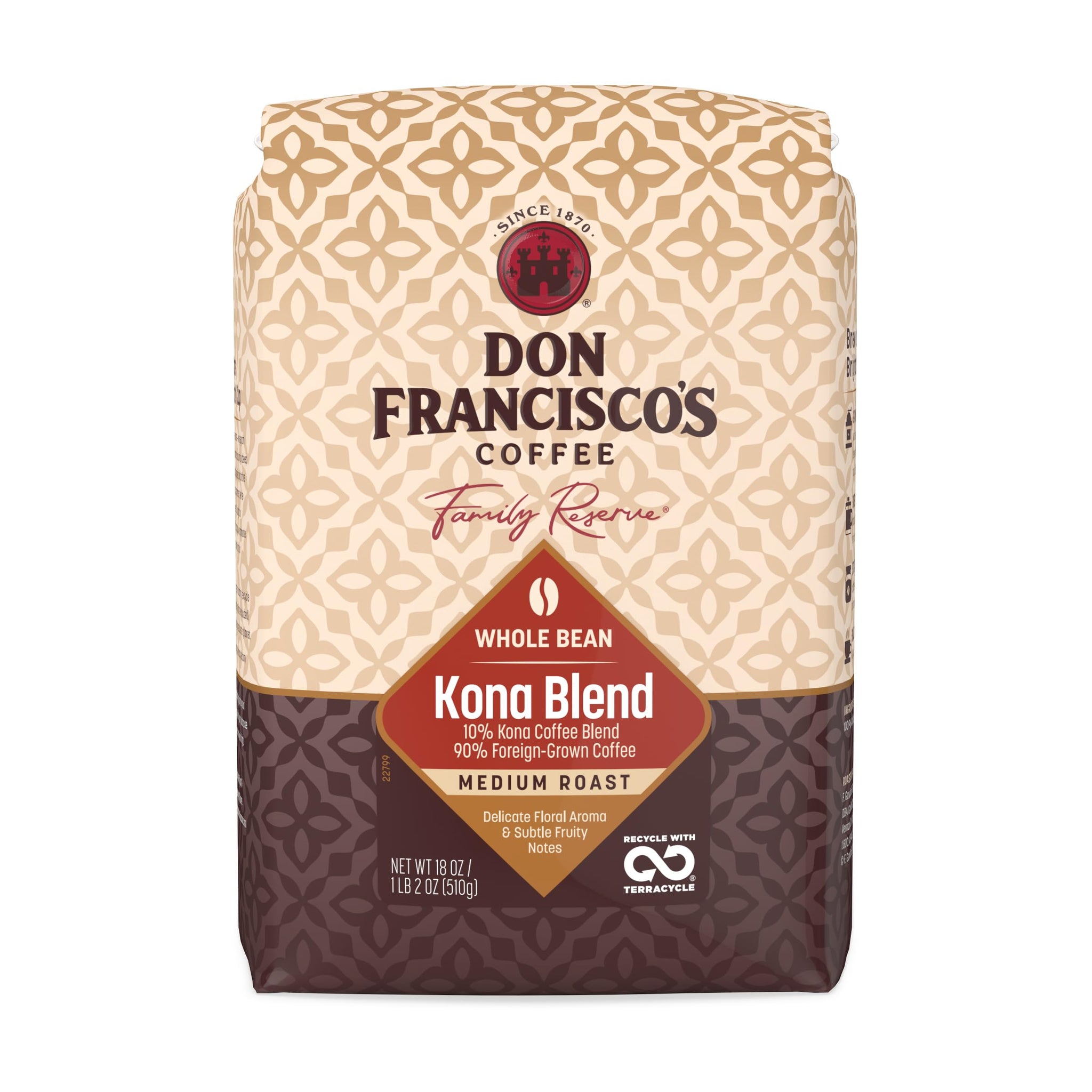 Don Francisco's Kona Blend Whole Bean Coffee, Medium Roast - 100% Arabica Coffee, 18 oz Bag