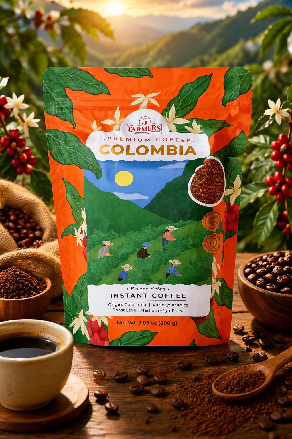5 Farmers Premium Colombia Instant Coffee, Freeze Dried, 100% Colombian Arabica Beans, Medium-High Roast, 7.05 oz (200g) (PACK OF 1)
