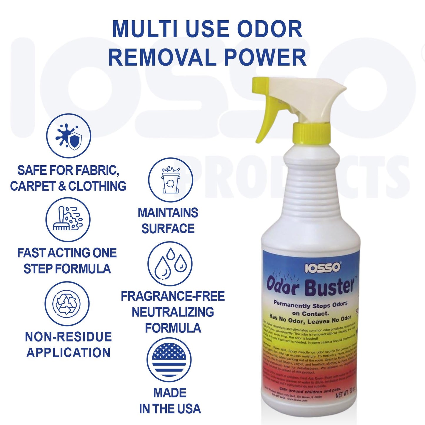 Iosso 10711 Odor Buster 32 Oz - Fragrance Free Odor Eliminator - Neutralizes And Removes Odors From Fabric Carpet Clothing Cushions Air - Safe Around