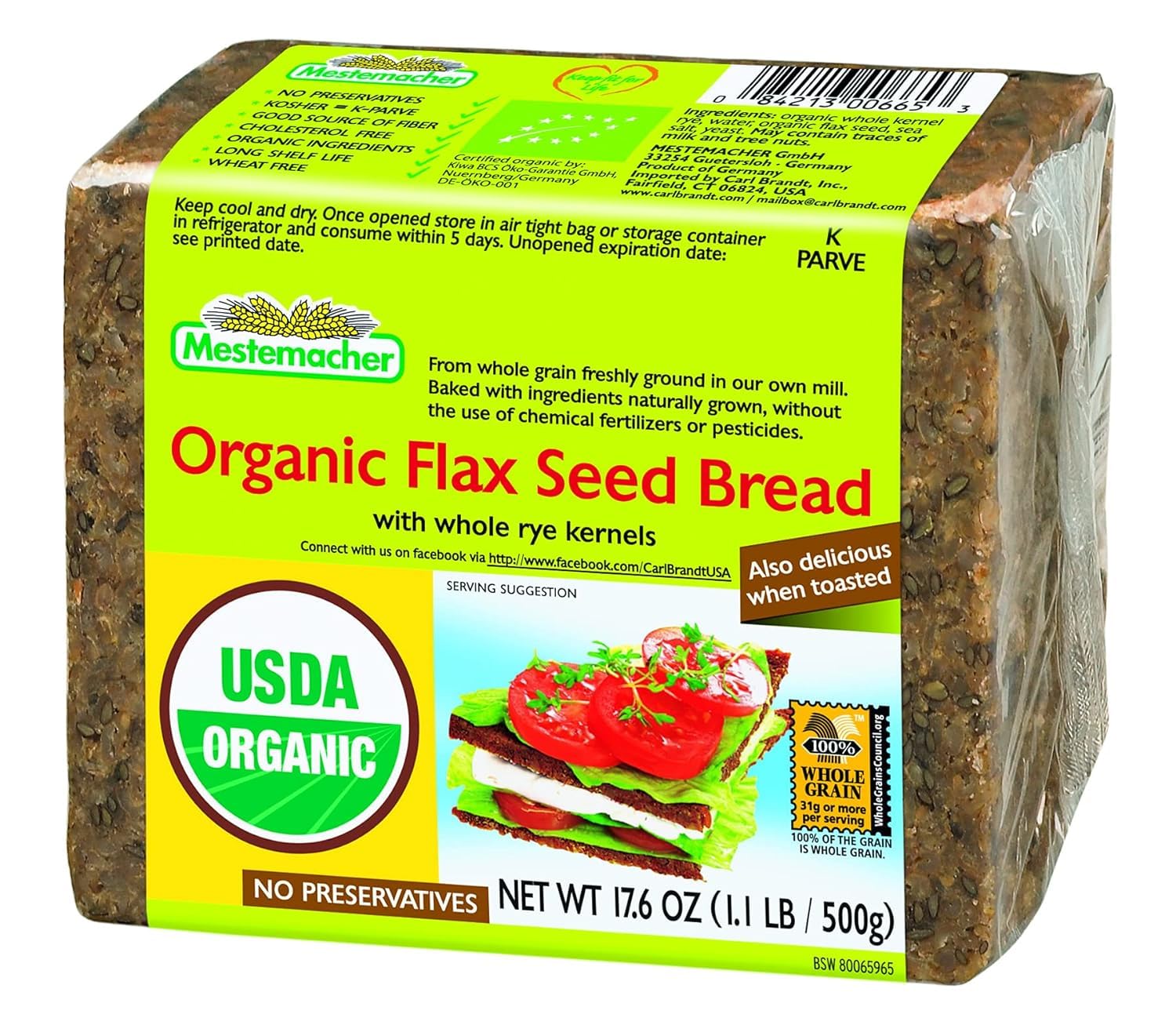 Mestemacher Organic Flax Seed Bread, 17.6 Oz - Authentic German Whole Grain Bread with Flax Seeds | High Fiber, USDA Organic, Non-GMO, Ready to Eat
