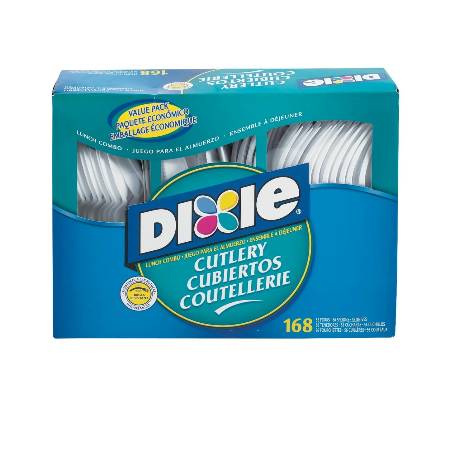 Dixie CM168 Combo Pack, Tray w/White Plastic Utensils, 56 Forks, 56 Knives, 56 Spoons