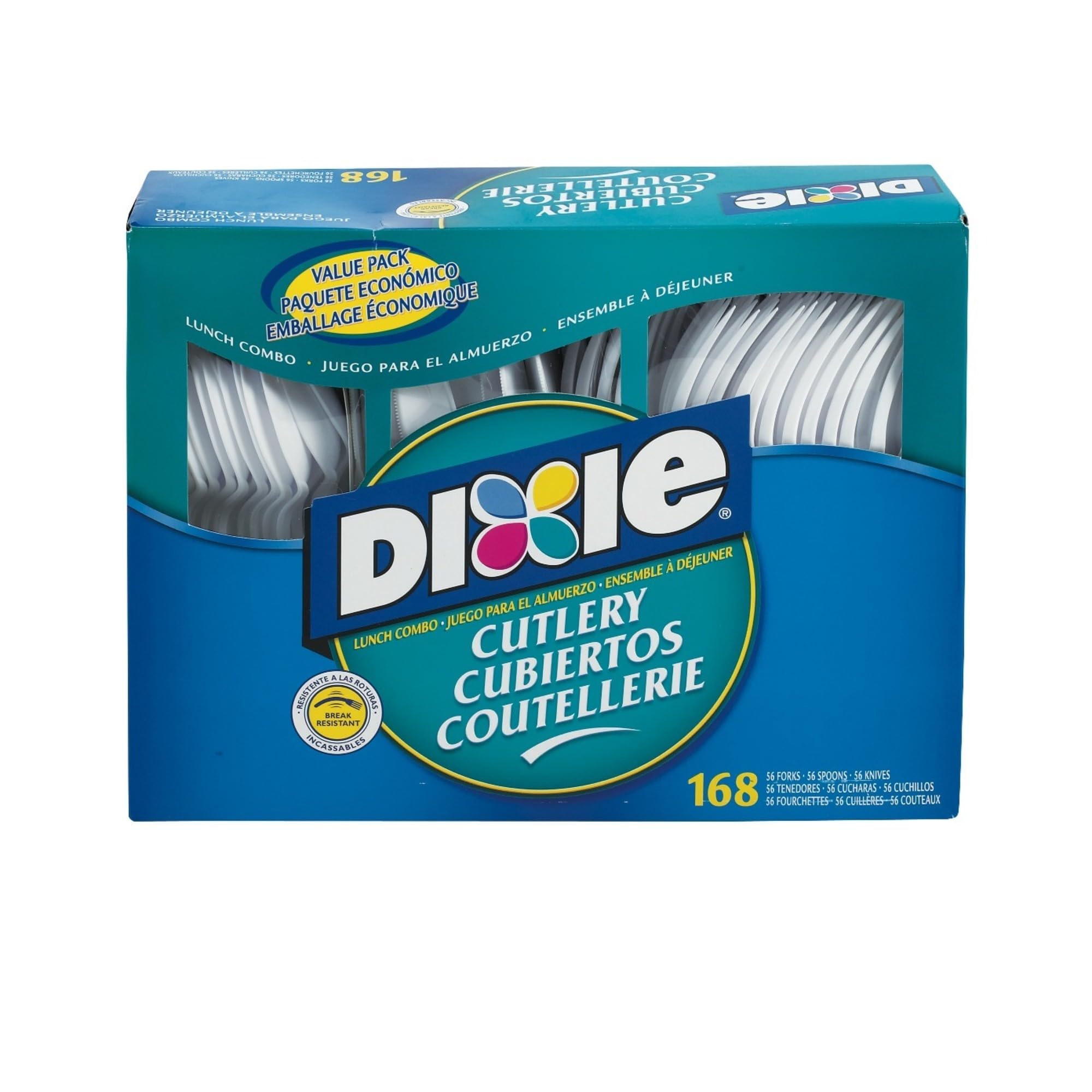 Dixie CM168 Combo Pack, Tray w/White Plastic Utensils, 56 Forks, 56 Knives, 56 Spoons