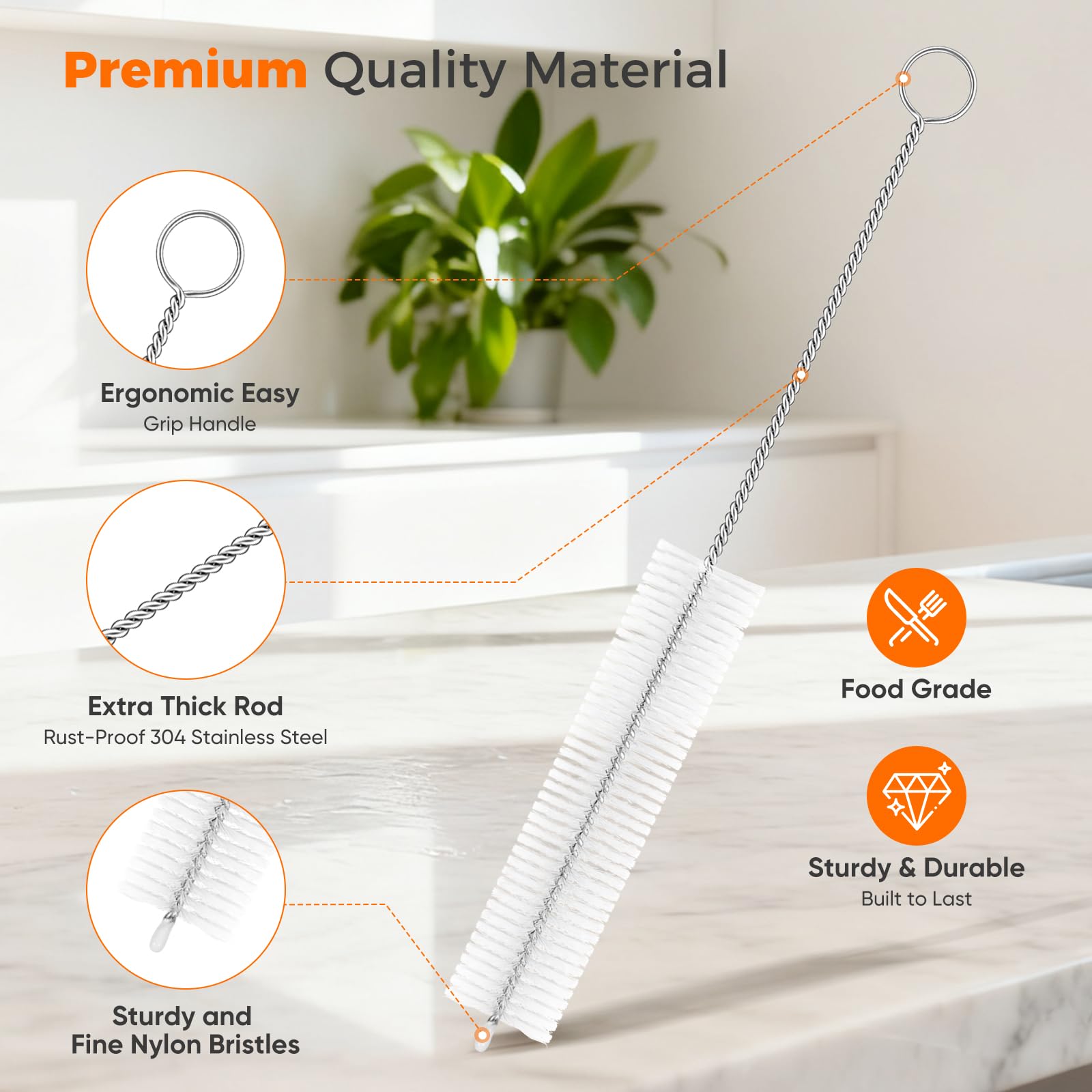 Iwooduubb 10-Packs Premium Straw Cleaner Brush in Mixed Sizes, 8IN Long Reusable Stainless Steel Cleaning Brushes Set with Soft Sturdy Nylon Bristles