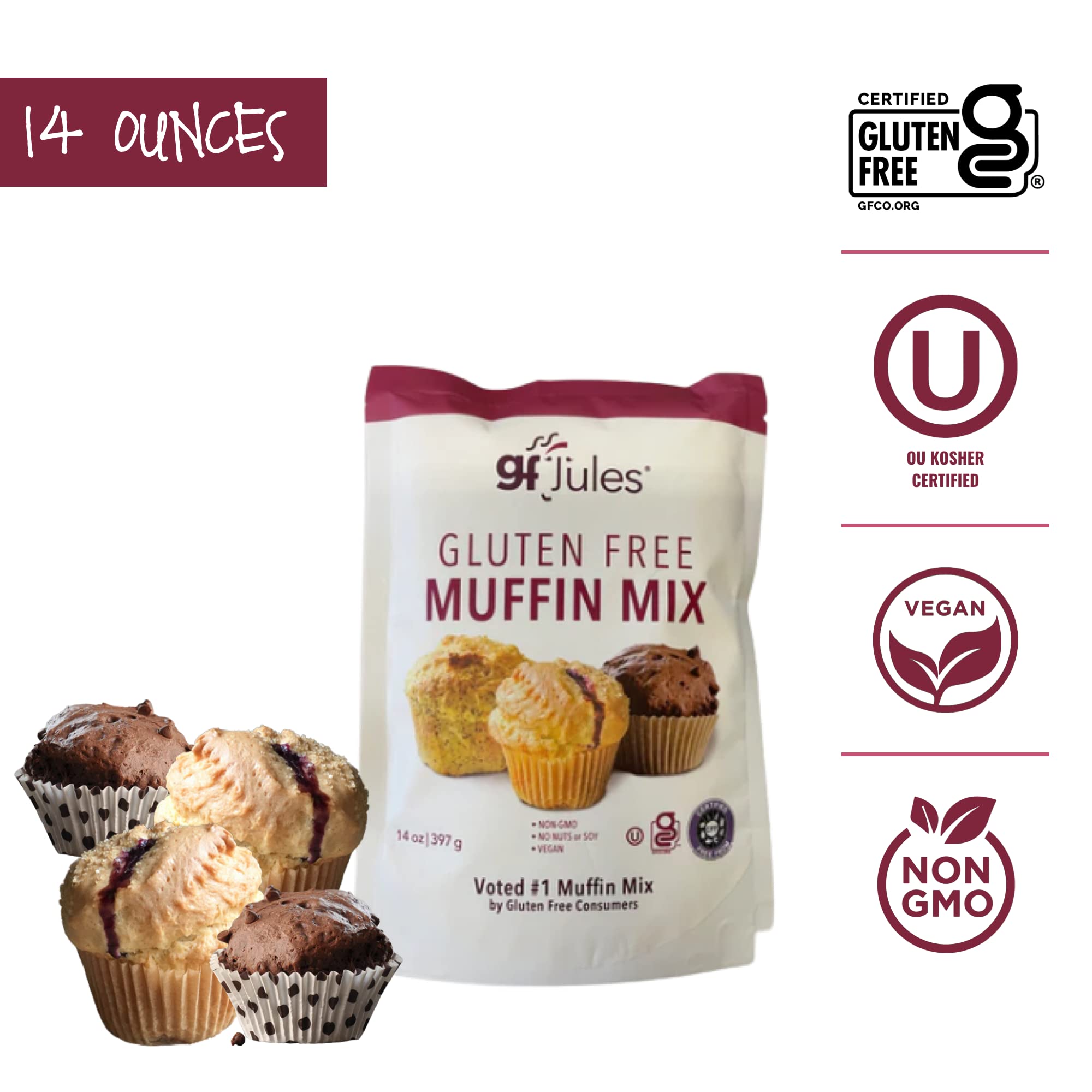 gfJules Certified Gluten Free Muffin Baking Mix | No Grit, Non-GMO, Vegan | Certified Top 9 Allergen-Free & Kosher | Makes 15 Muffins | 14 Ounces